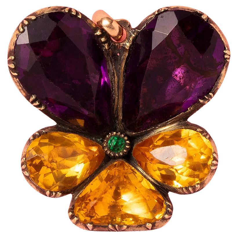 An Antique Gold and Silver Pansy Pendant set with Paste For Sale