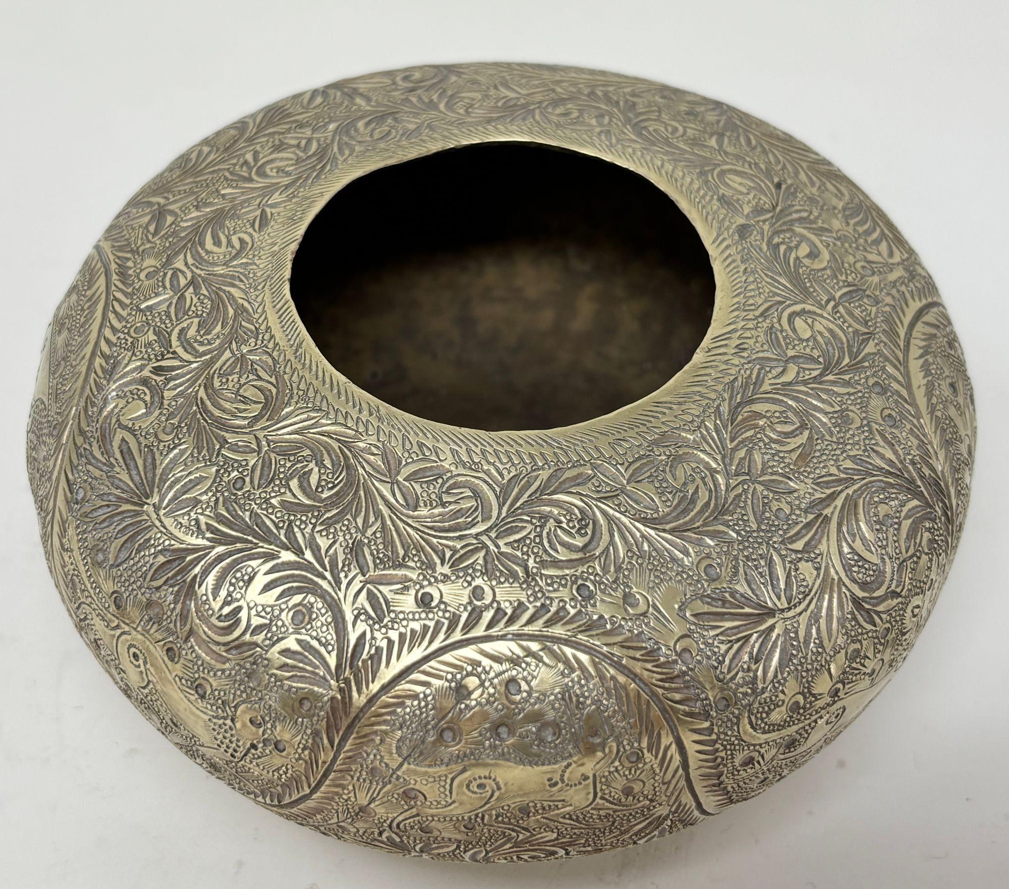 An antique Hand-Chiseled Indo-Persian Brass Bowl In Good Condition For Sale In North Hollywood, CA