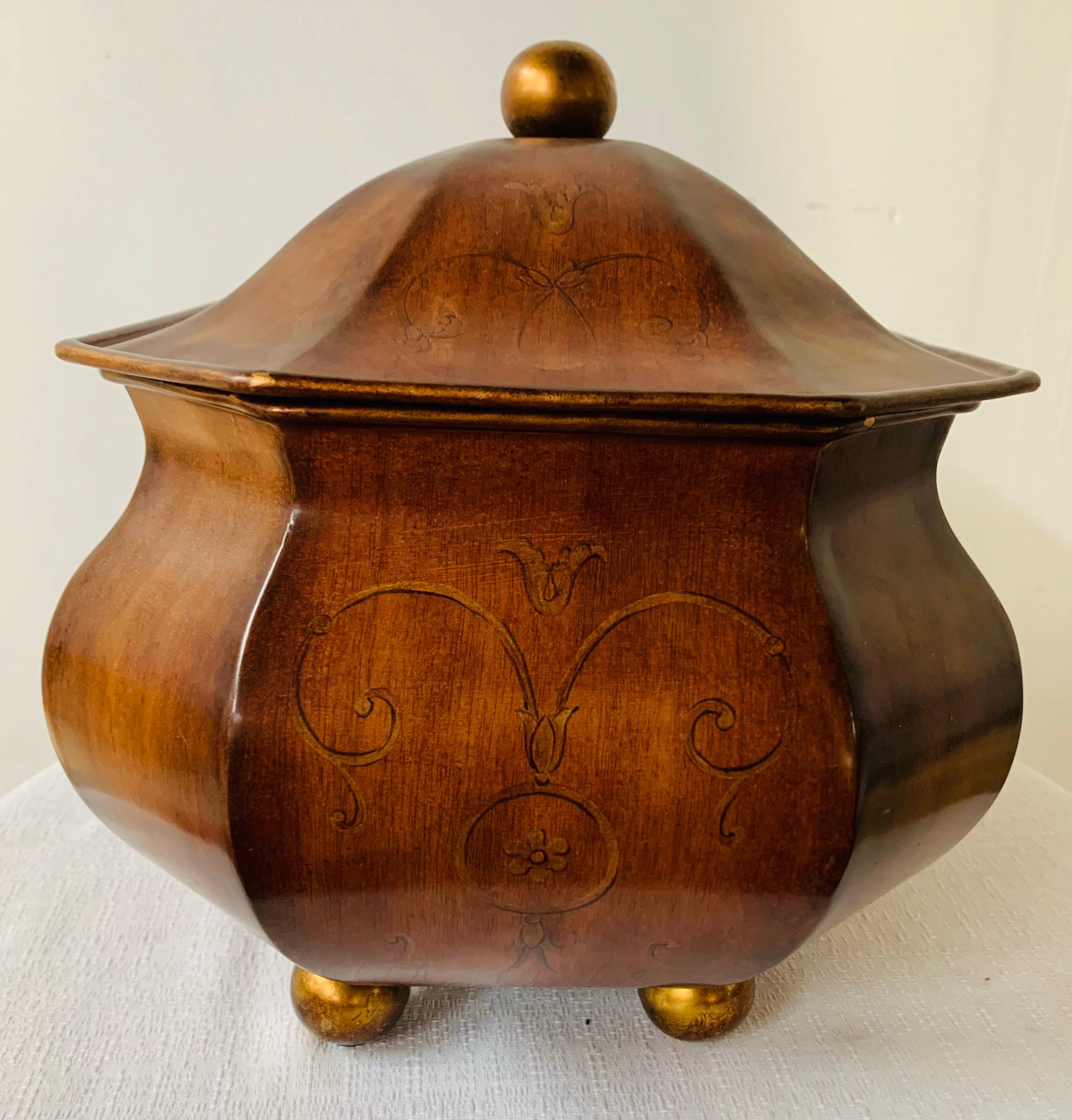 American Classical Antique Hand Painted Brown Metal Chest or Box with Floral Design  For Sale