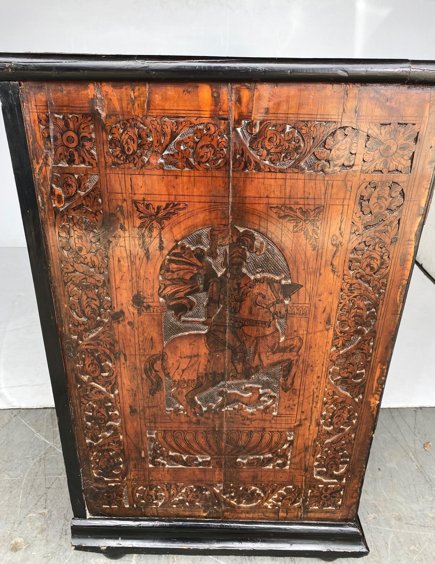 An Antique Italian Chest / Dresser Carved with a Warrior on Horseback  c1750 In Good Condition For Sale In Pomona, CA