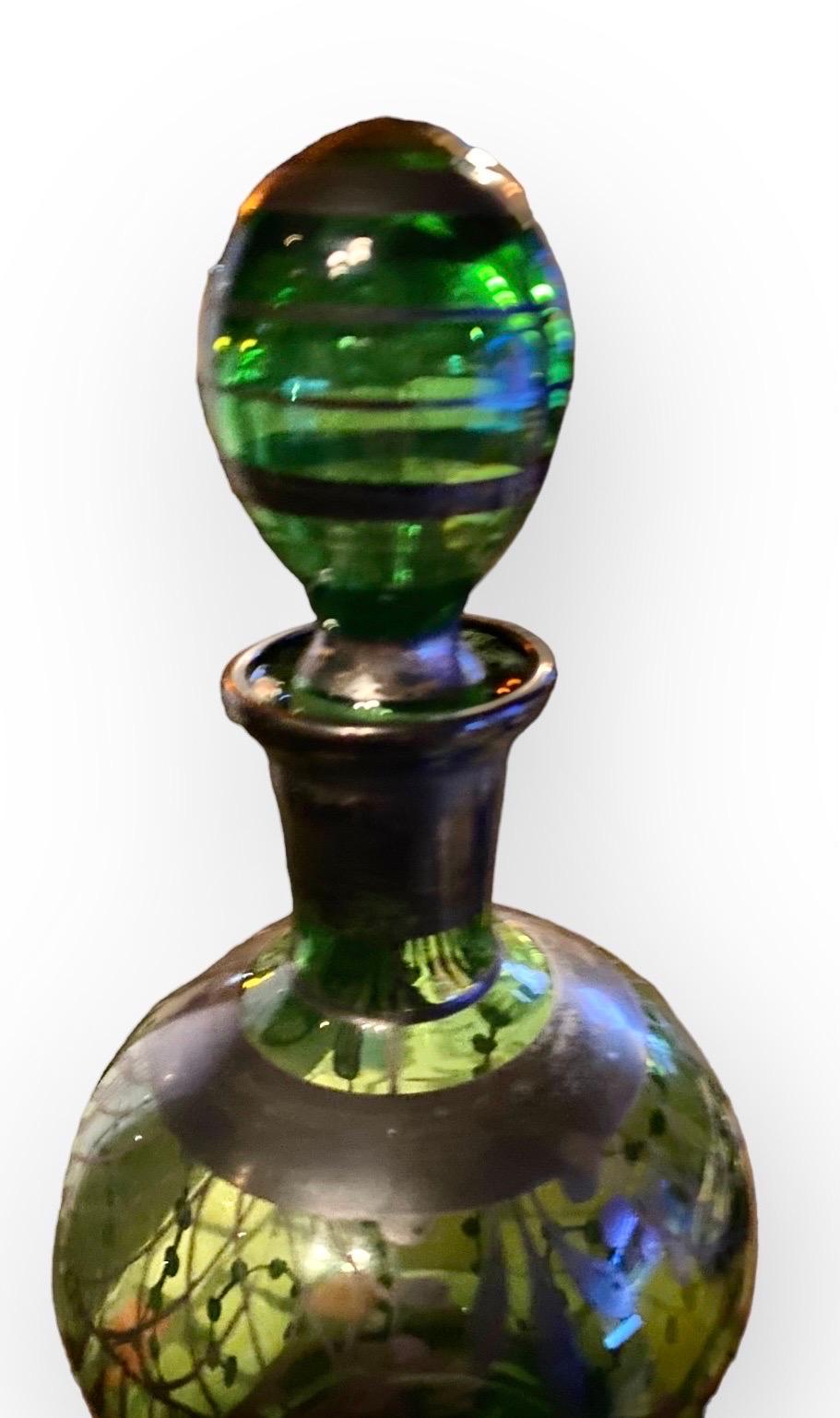 Grand Tour An Antique Italian Emerald Hand Blown Glass and Silver Decanter and Four Glasses For Sale