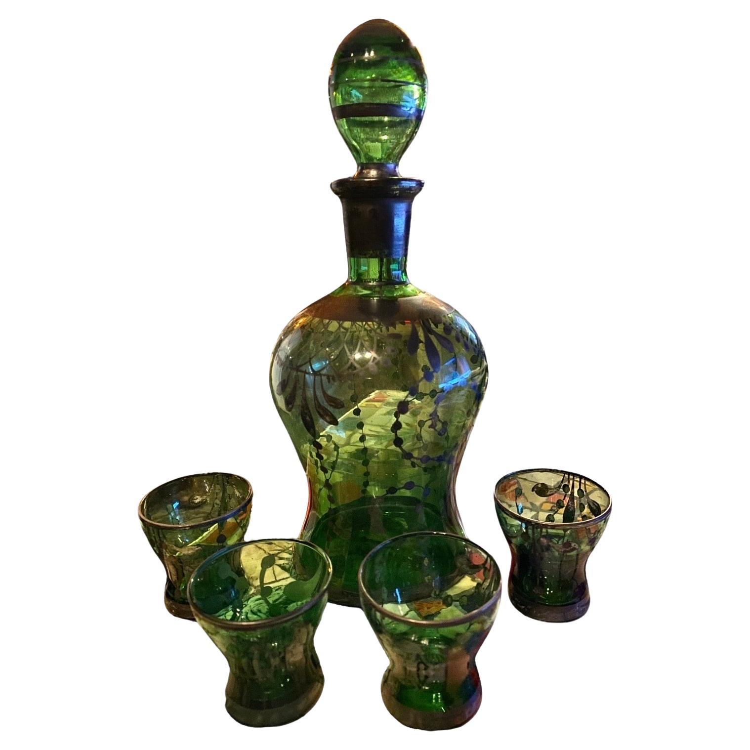 An Antique Italian Emerald Hand Blown Glass and Silver Decanter and Four Glasses For Sale