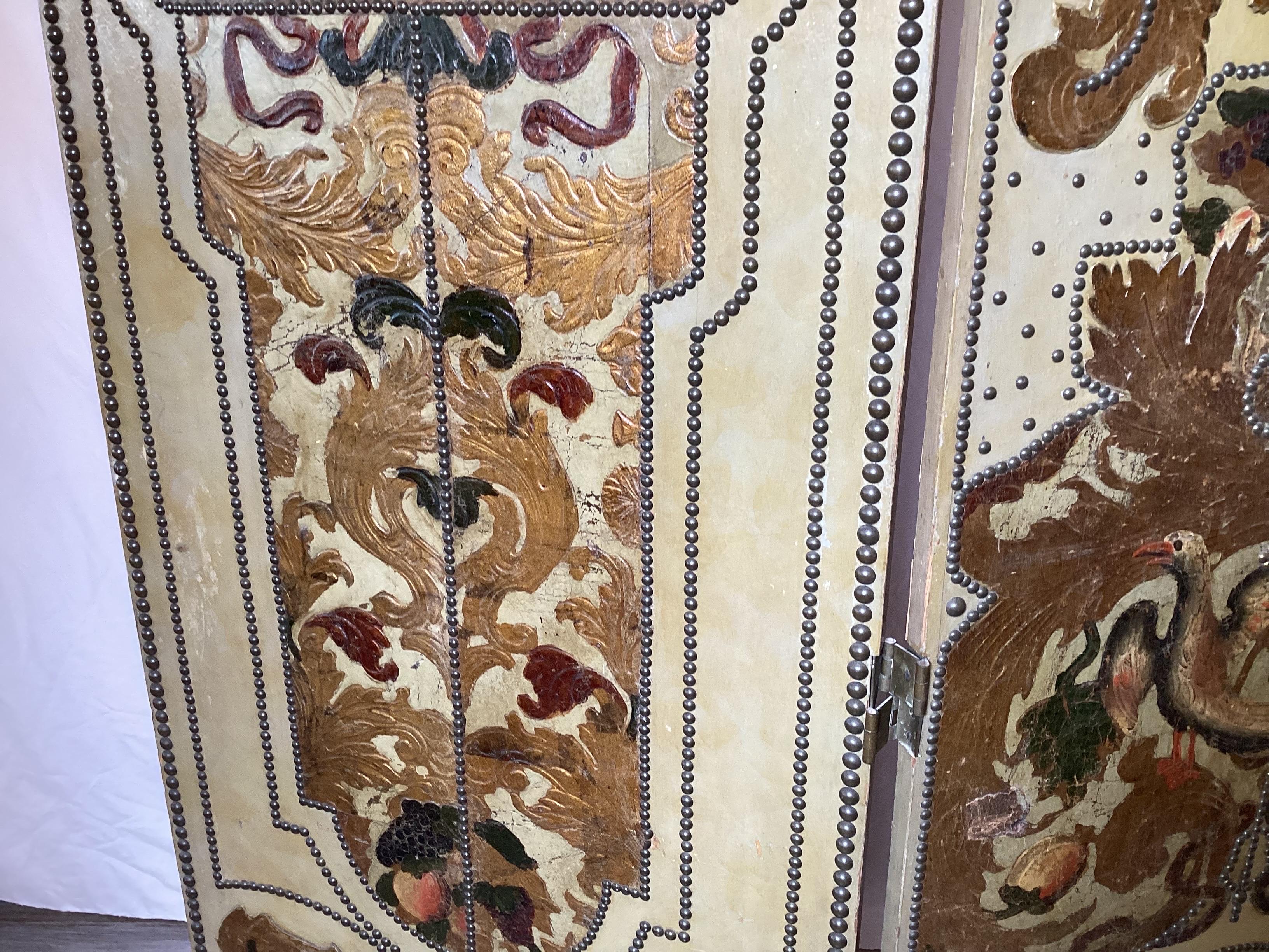 Antique Italian Hand Painted and Hand Tooled Three Panel Leather Screen In Good Condition In Lambertville, NJ