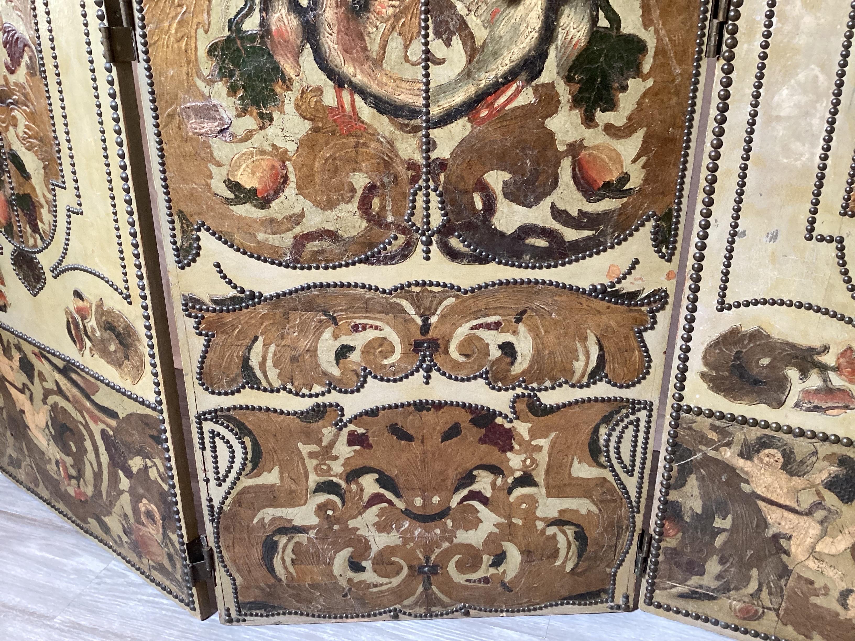 Antique Italian Hand Painted and Hand Tooled Three Panel Leather Screen 3