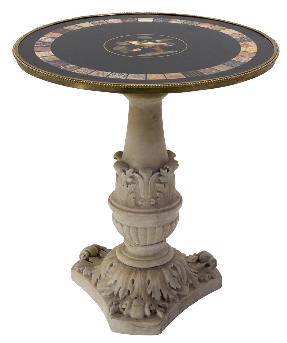 The circular top has a gilt bronze beaded border, decorated with a central medallion of a bird perched in a cherry branch with an outer-border of 37 various specimen marbles including Porphyry, Onyx, Lapis lazuli, Sienna brocatelle, Breche d'alep,