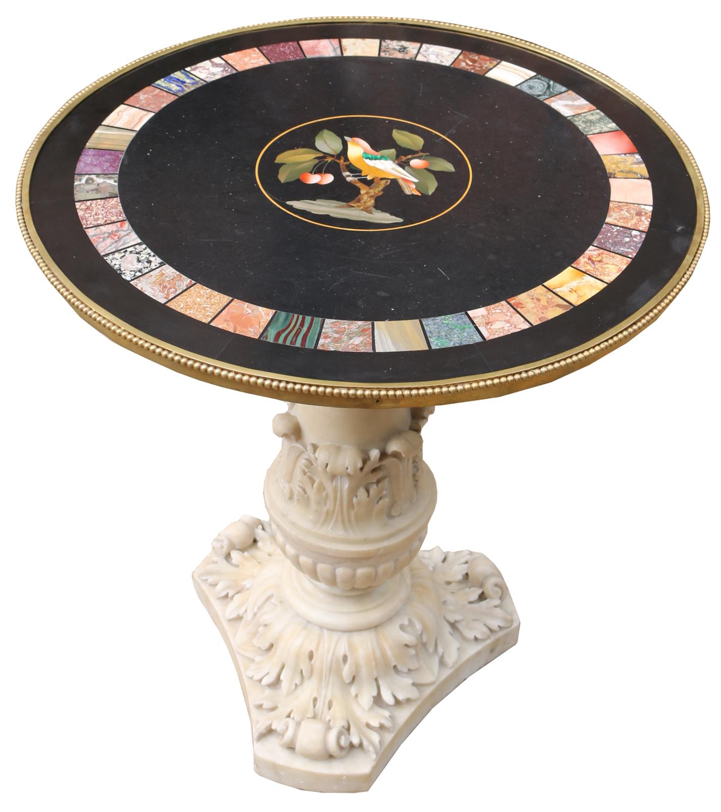 Bronze Antique Italian Pietra Dura Table with a Carved Marble Stand