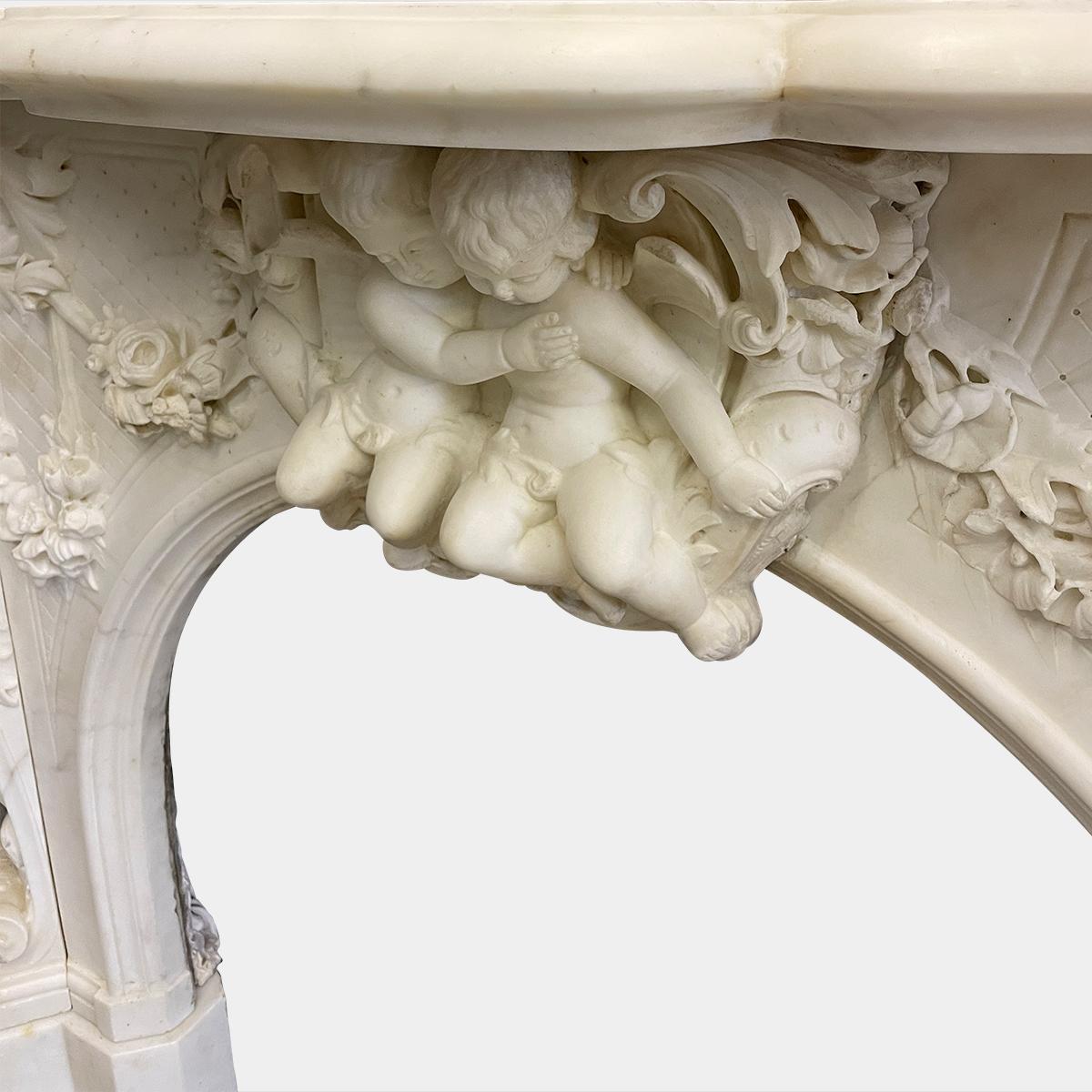 Carved Antique Italian Statuary White Marble Baroque Style Fireplace Mantel For Sale