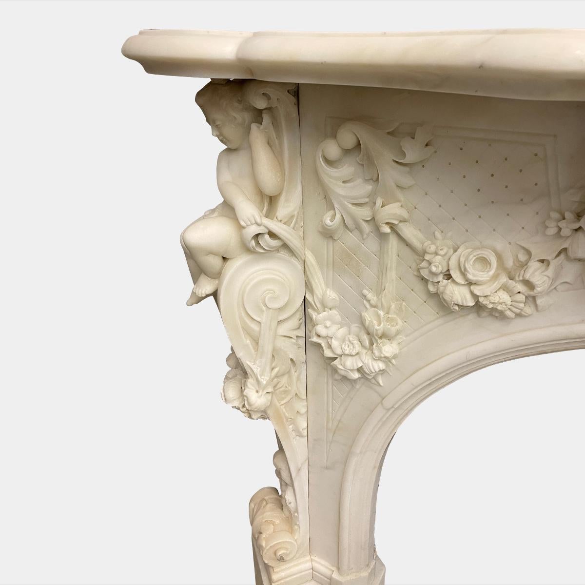 19th Century Antique Italian Statuary White Marble Baroque Style Fireplace Mantel For Sale