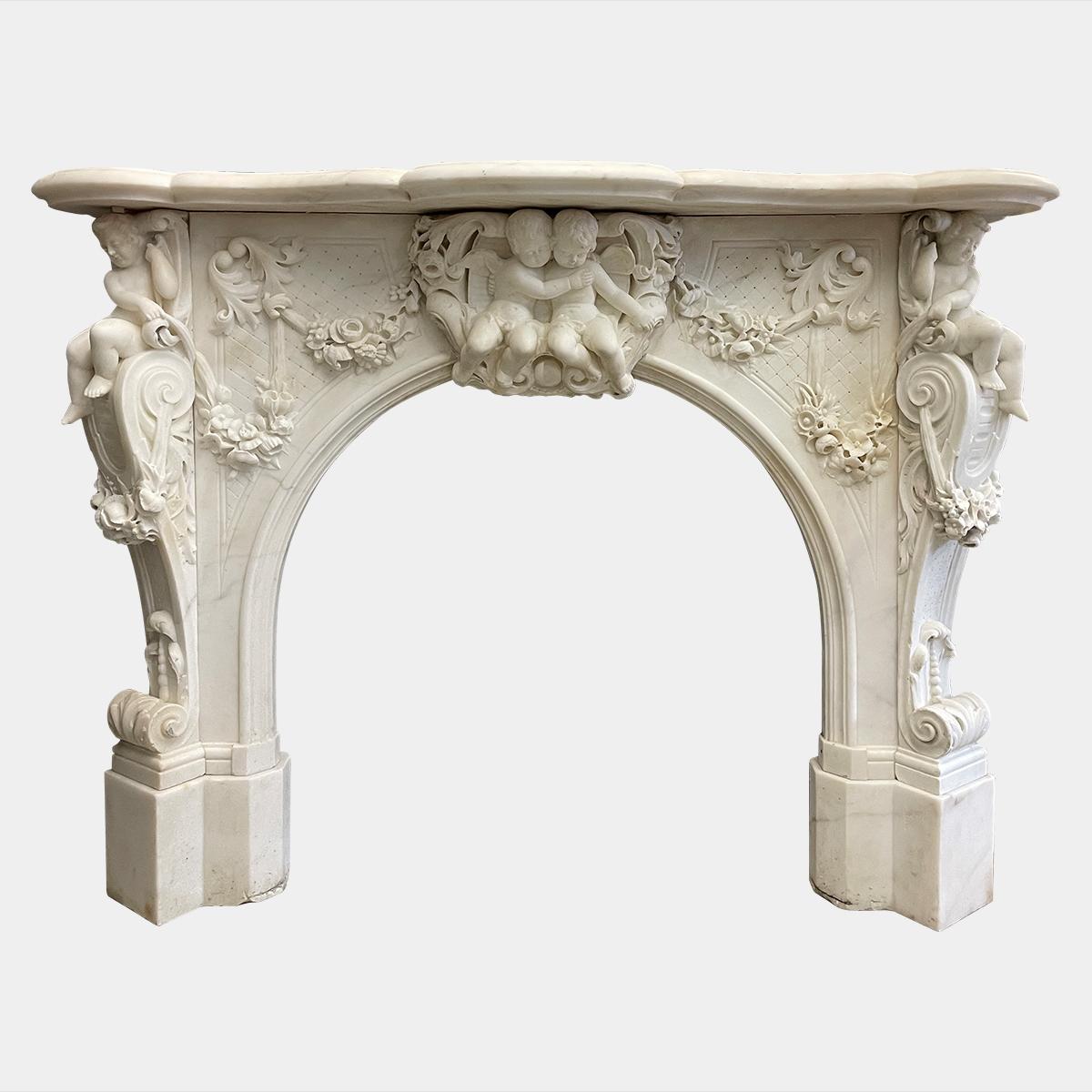 Statuary Marble Antique Italian Statuary White Marble Baroque Style Fireplace Mantel For Sale
