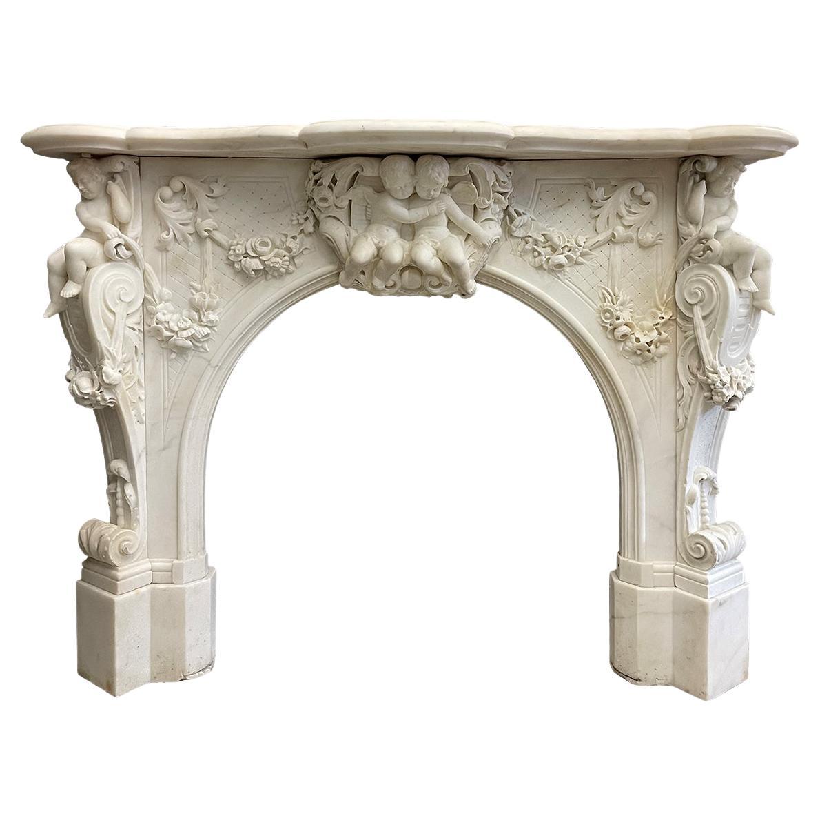 Antique Italian Statuary White Marble Baroque Style Fireplace Mantel For Sale