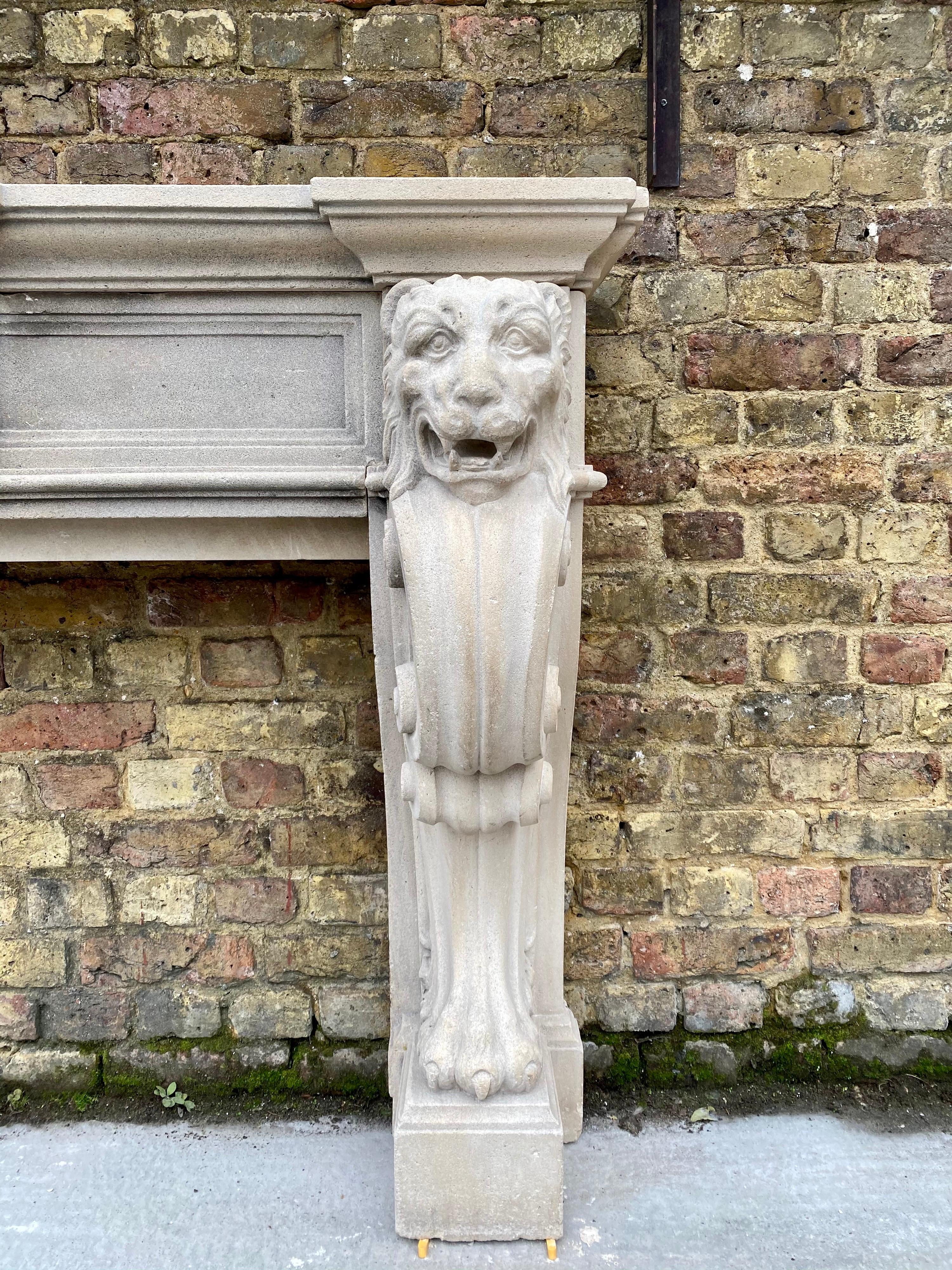 A large and substantial stone fireplace, the jambs of Monopedic form with very well carved Lions mask and paw feet. The frieze with a large central plaque flanked either side by plain fielded panels. All beneath a wide, generous, stepped and moulded