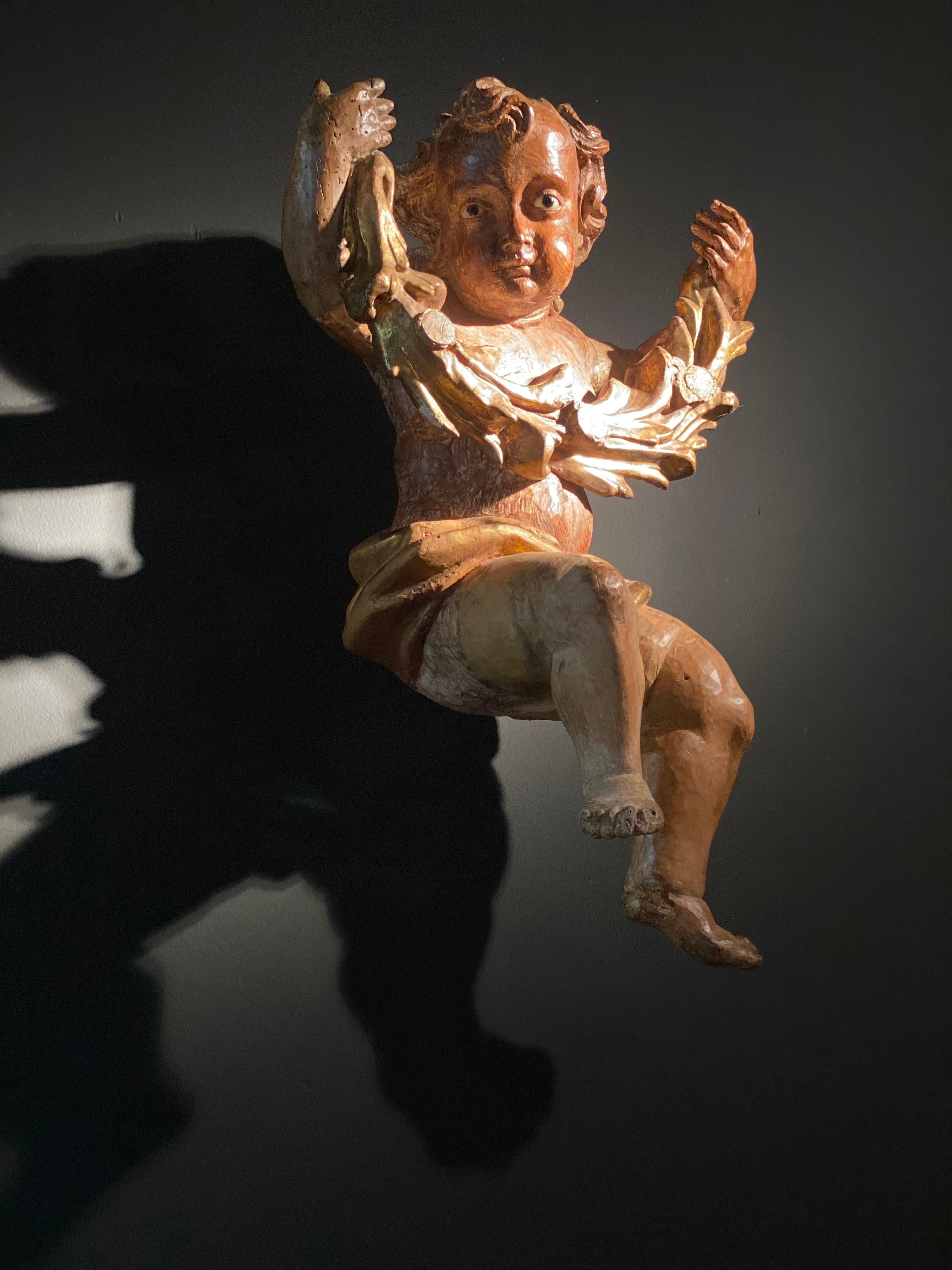 Un magnifique Putto ou Ange italien, sculpté à la main dans du bois de pin et de tilleul,
belle patine et couleur chaude du bois patiné, très belle sculpture,
exceptionnel est que le Putto tient une guirlande,
objet très élégant qui donne de
