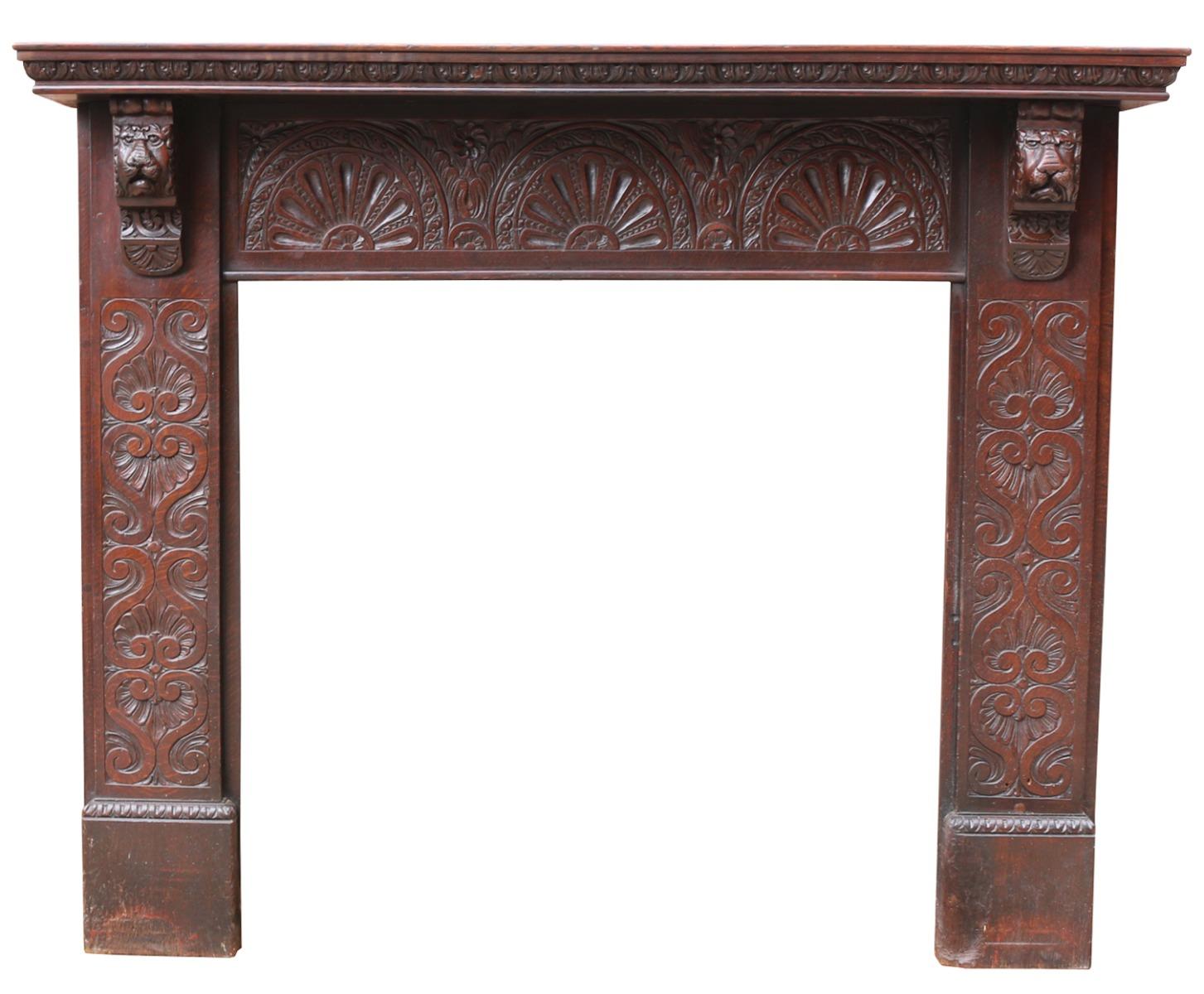 A late Victorian hand crafted stained oak fire surround in the Jacobean style.

Additional Dimensions:

Opening Height 90 cm

Opening Width 92 cm

Width between outside of legs 136 cm.