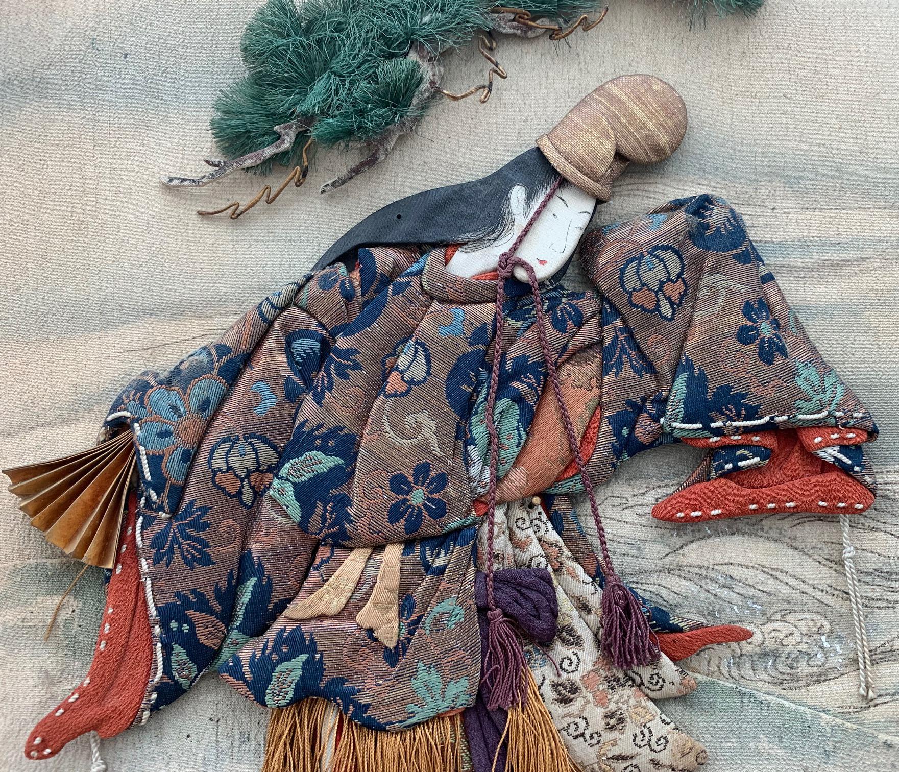 Japonisme Framed Antique Japanese Oshi-E Textile Art from Meiji Period