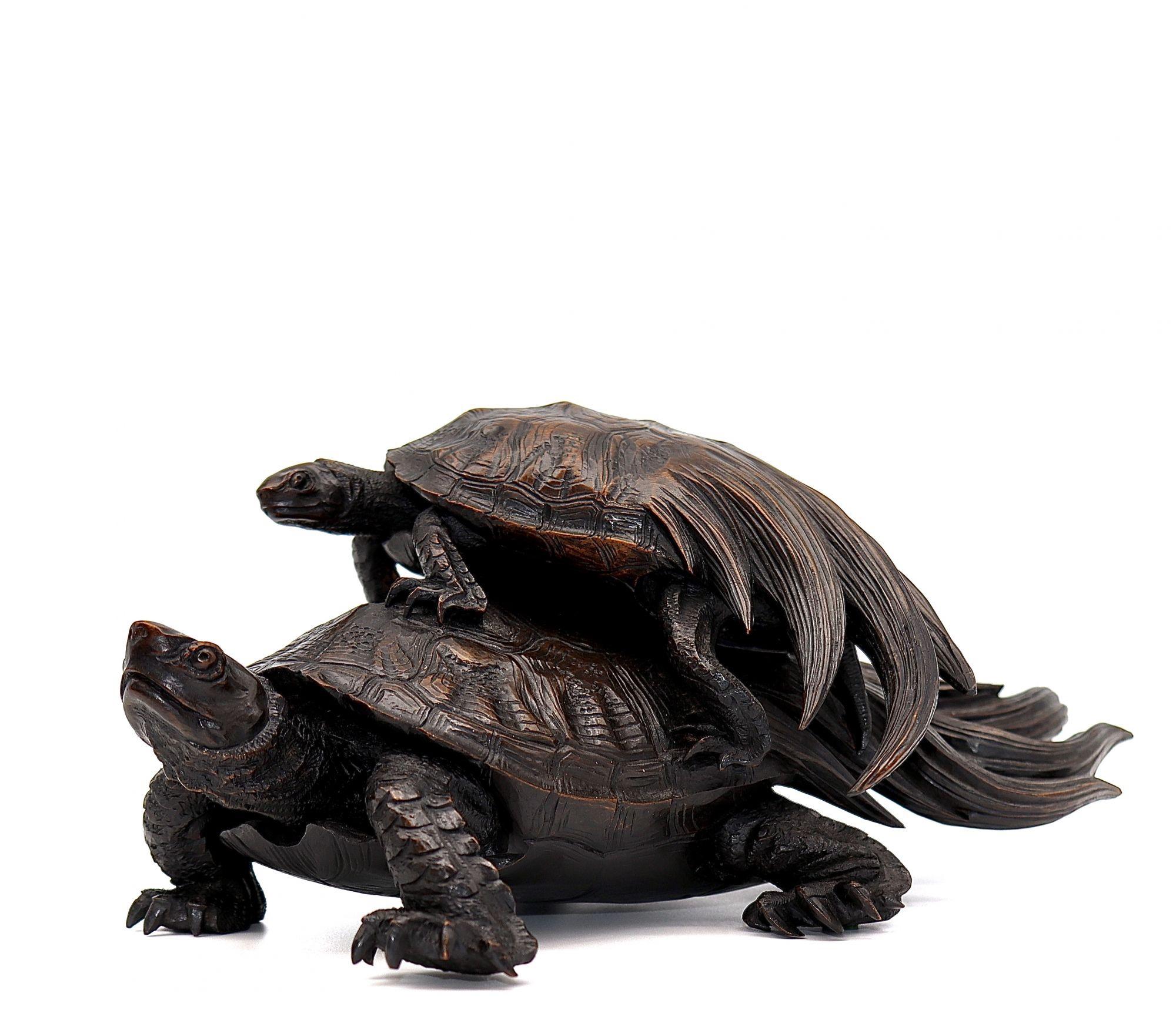 Antique Japanese Wood Carving of Two Minogames 'Mythological Turtle', 18th C For Sale 2