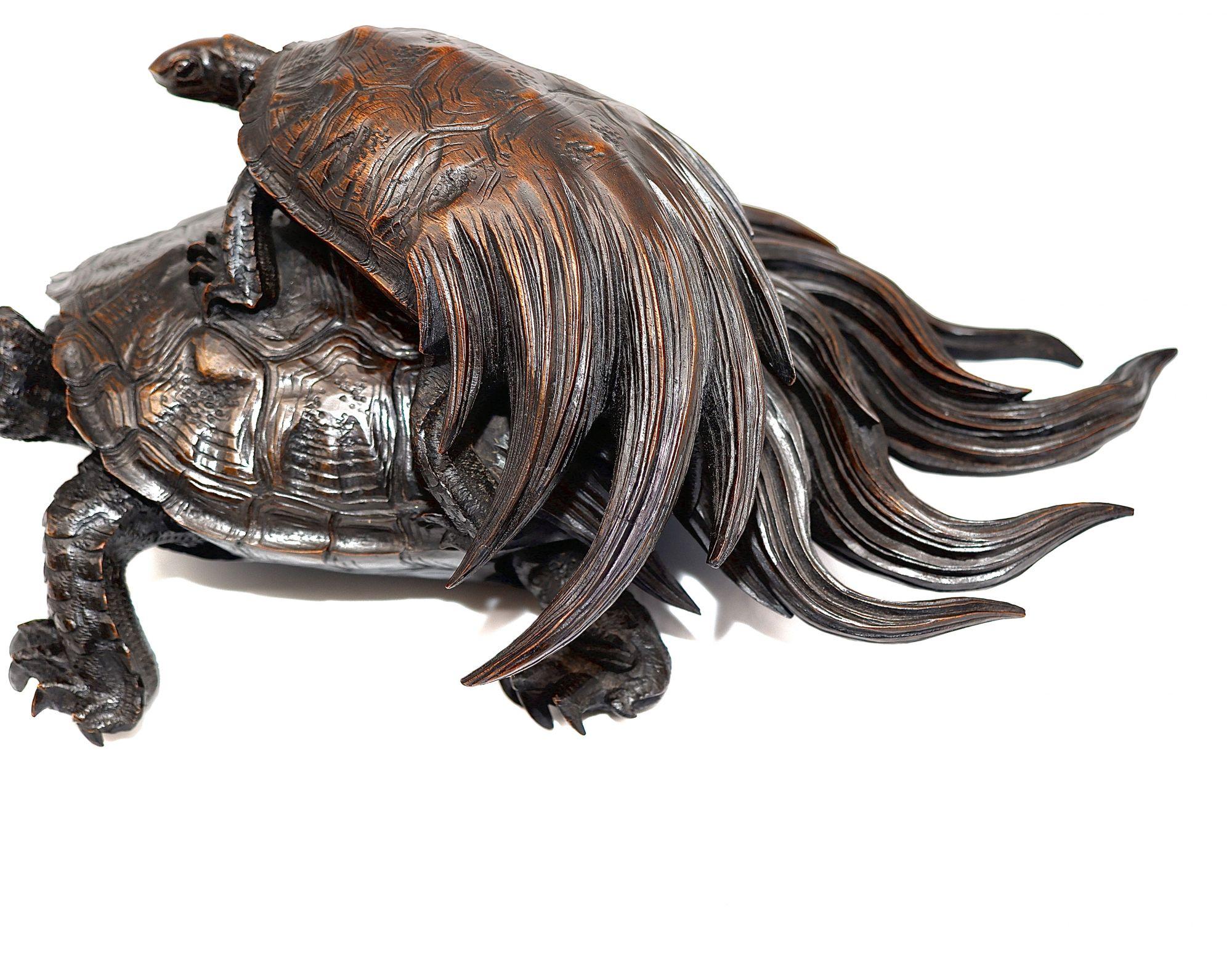 A sculpture of 2 Minogame turtles with their distinctive fan-like tails. The smaller turtle is standing in the she’ll of the larger one. This is an excellent Japanese hardwood carving dating from the late 18th century. The artist has managed to