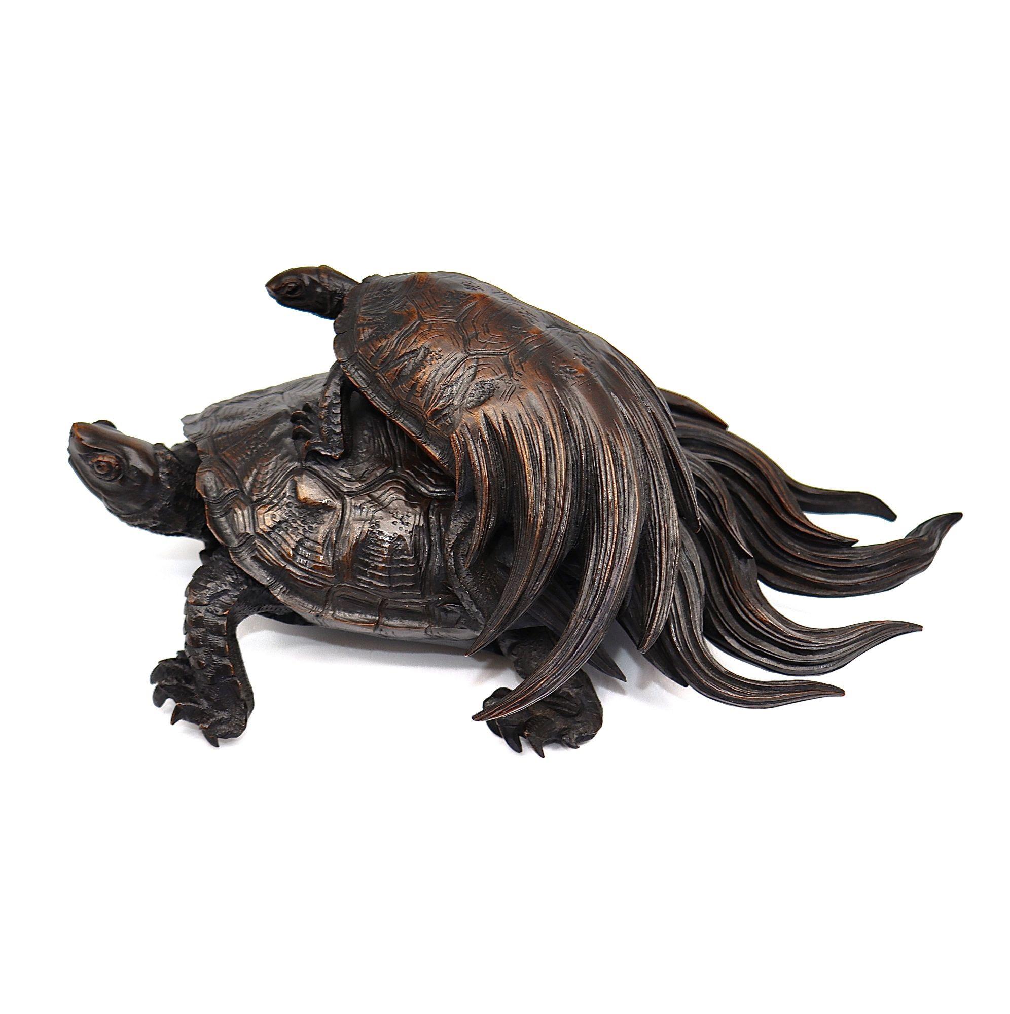 Edo Antique Japanese Wood Carving of Two Minogames 'Mythological Turtle', 18th C For Sale