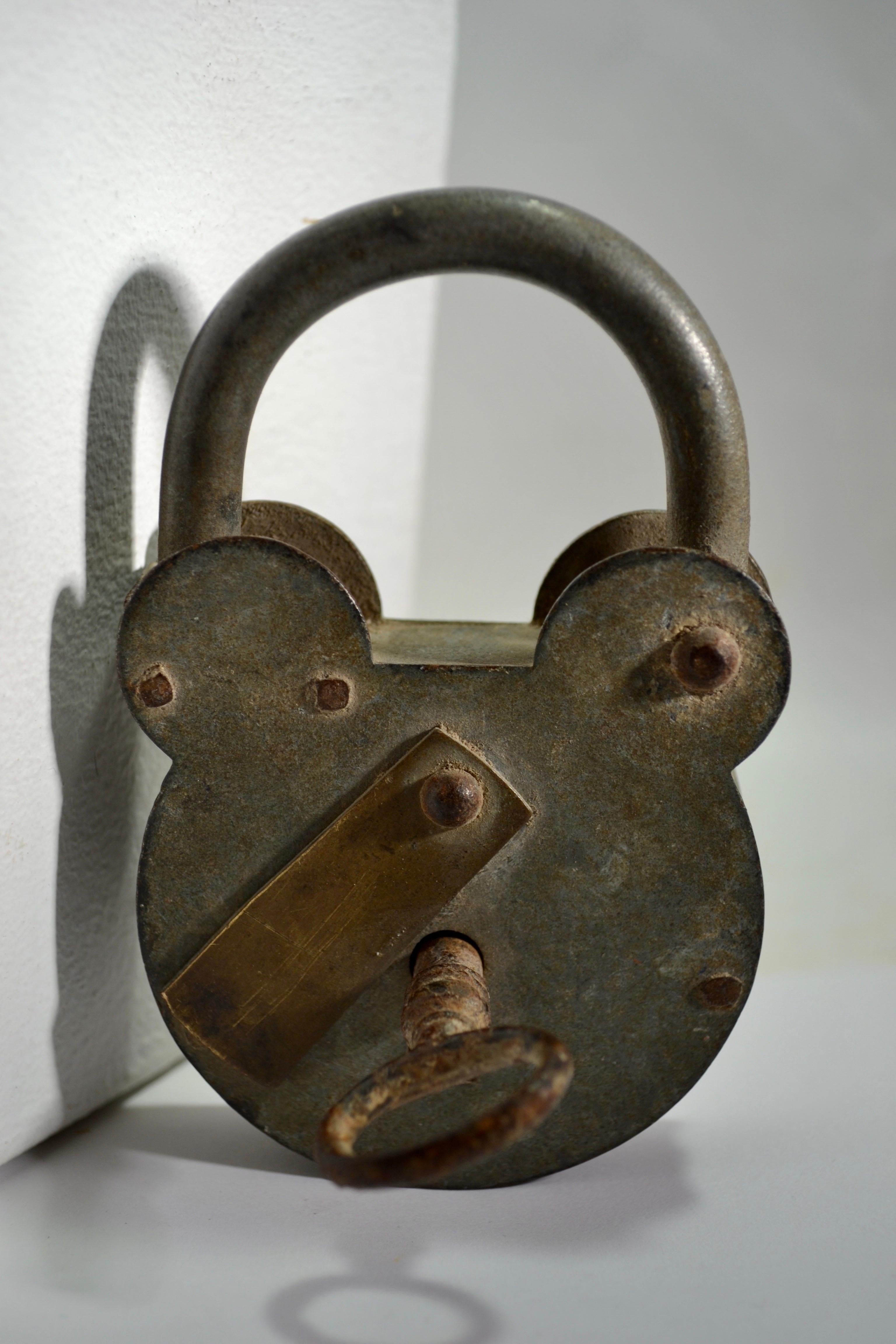 Steel An antique large padlock & skeleton key - France - Early XXth century. For Sale