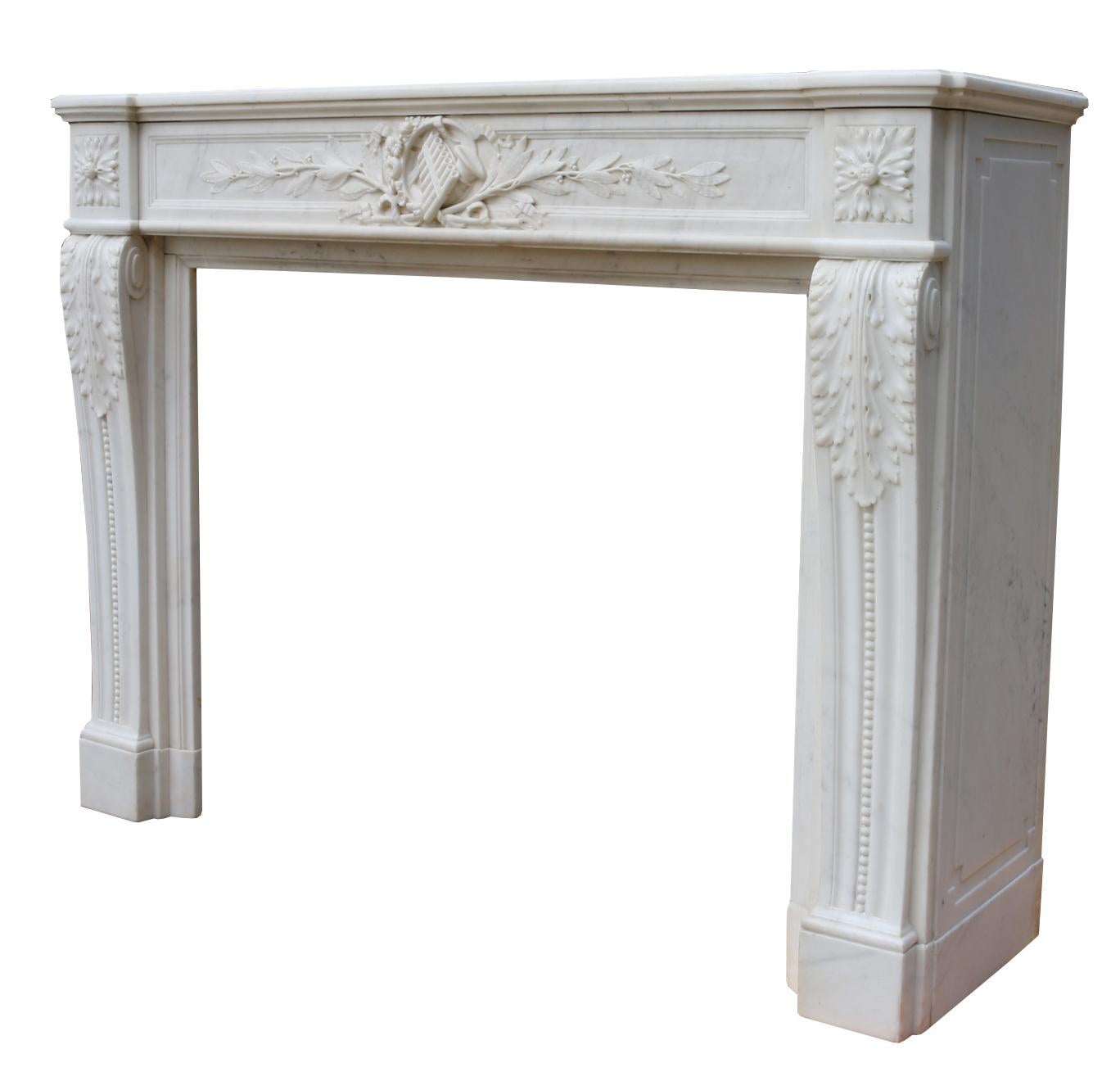 19th Century Antique Louis XVI Style Carrara Marble Fire Mantel For Sale