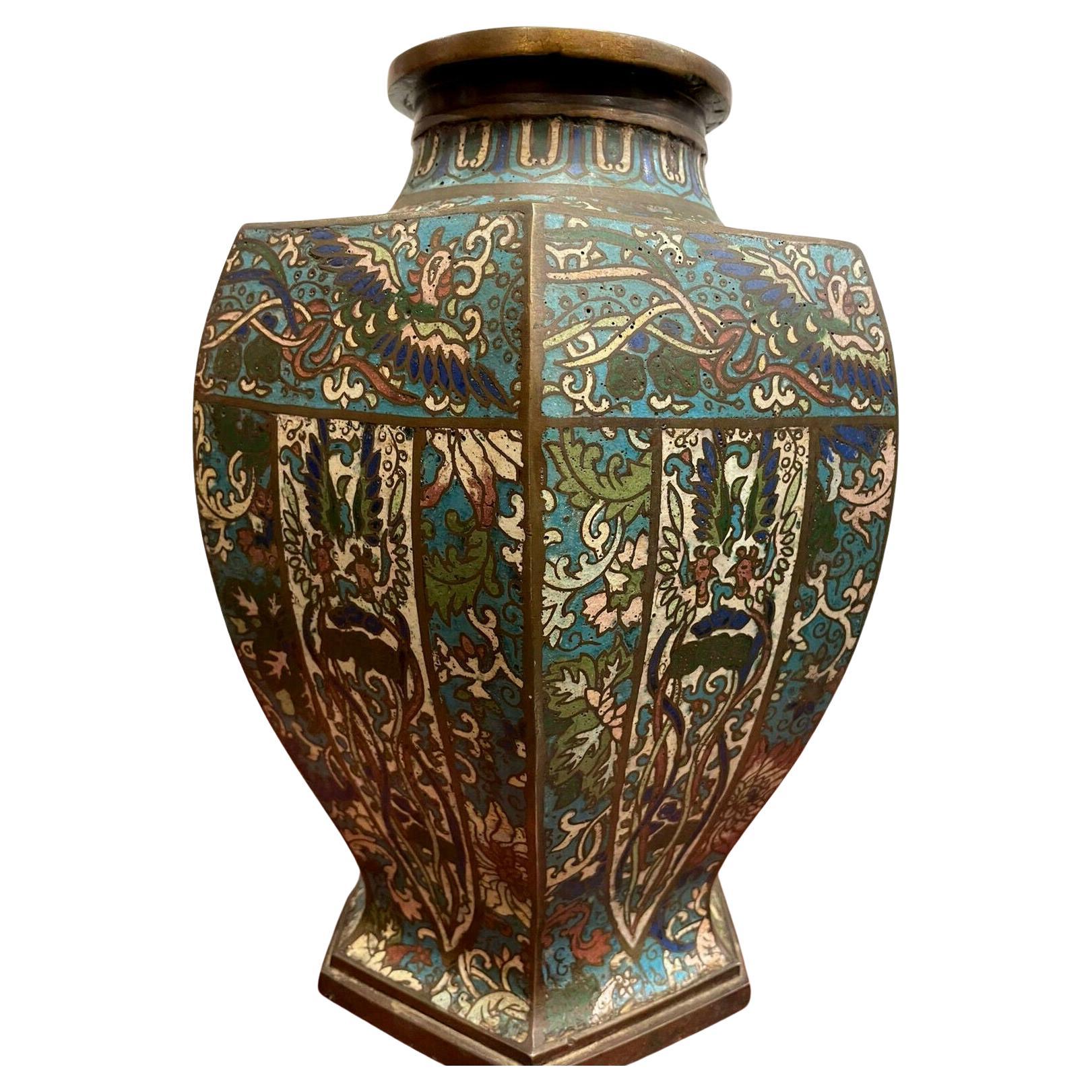 An Antique mid XIXc Chinese Cloisonne Enamel & Bronze Vase. Phoenixes & Cranes. For Sale