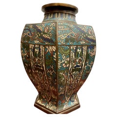 An Used mid XIXc Chinese Cloisonne Enamel & Bronze Vase. Phoenixes & Cranes.