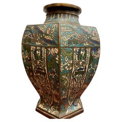 An Antique mid XIXc Chinese Cloisonne Enamel & Bronze Vase. Phoenixes & Cranes.