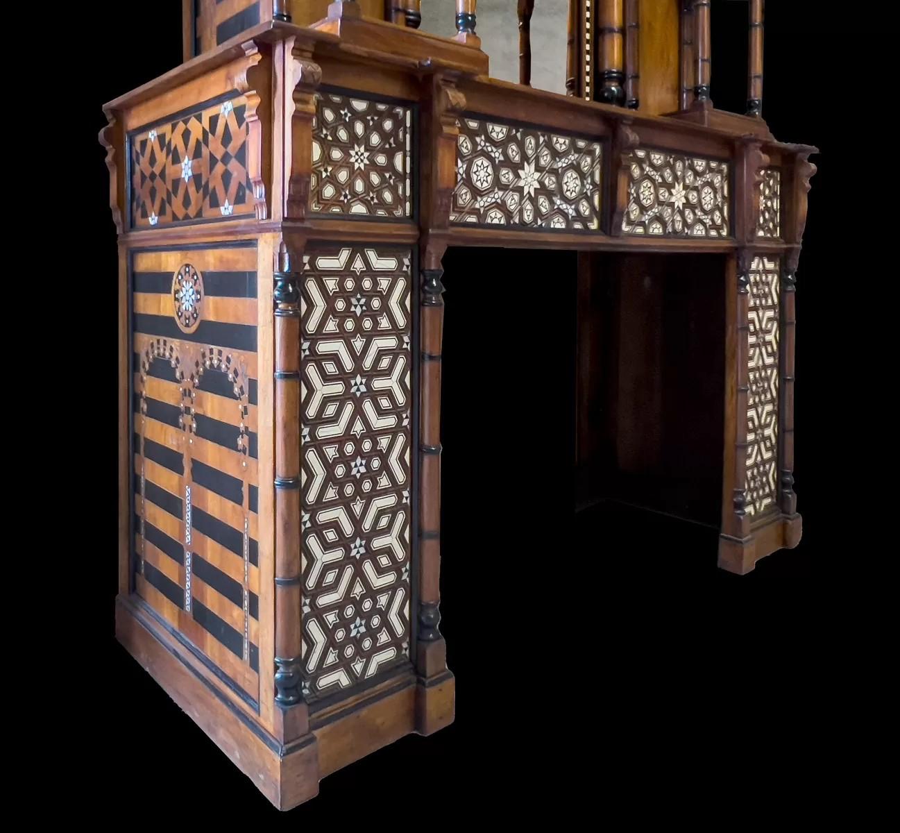 An antique Moorish revival style walnut fireplace with inlays. In Good Condition For Sale In Tyrone, Northern Ireland