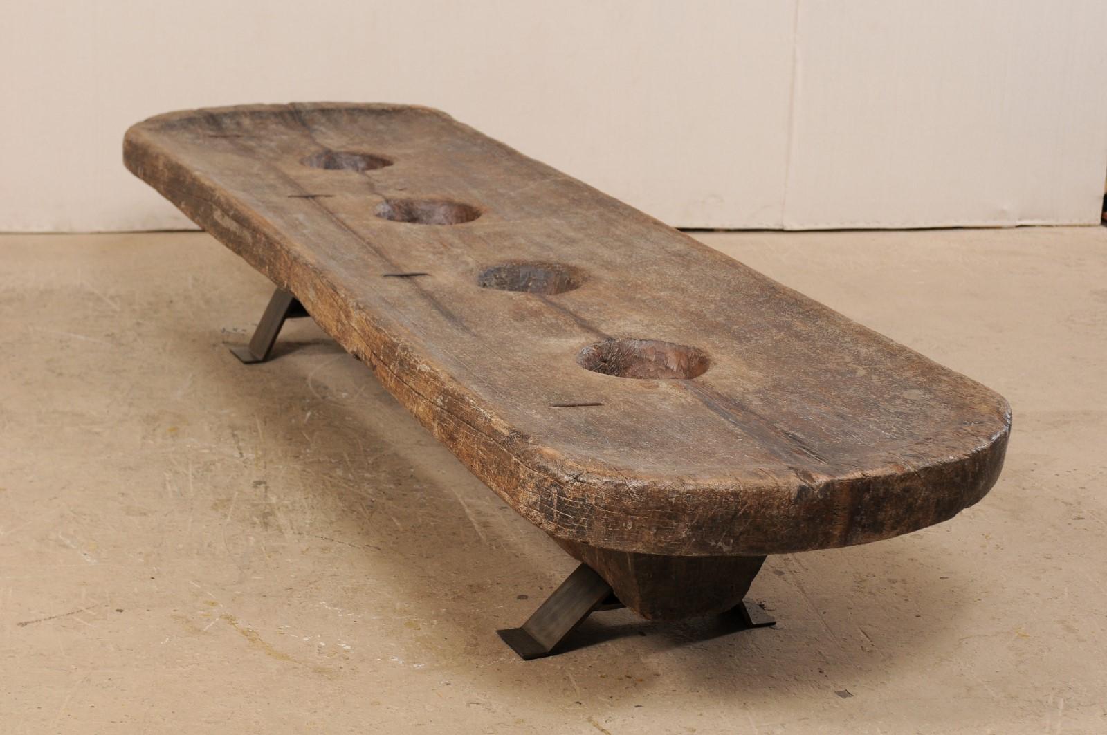 Hand-Carved Antique Naga Tribe Grain Grinding Table, Perfect Coffee Table Height!