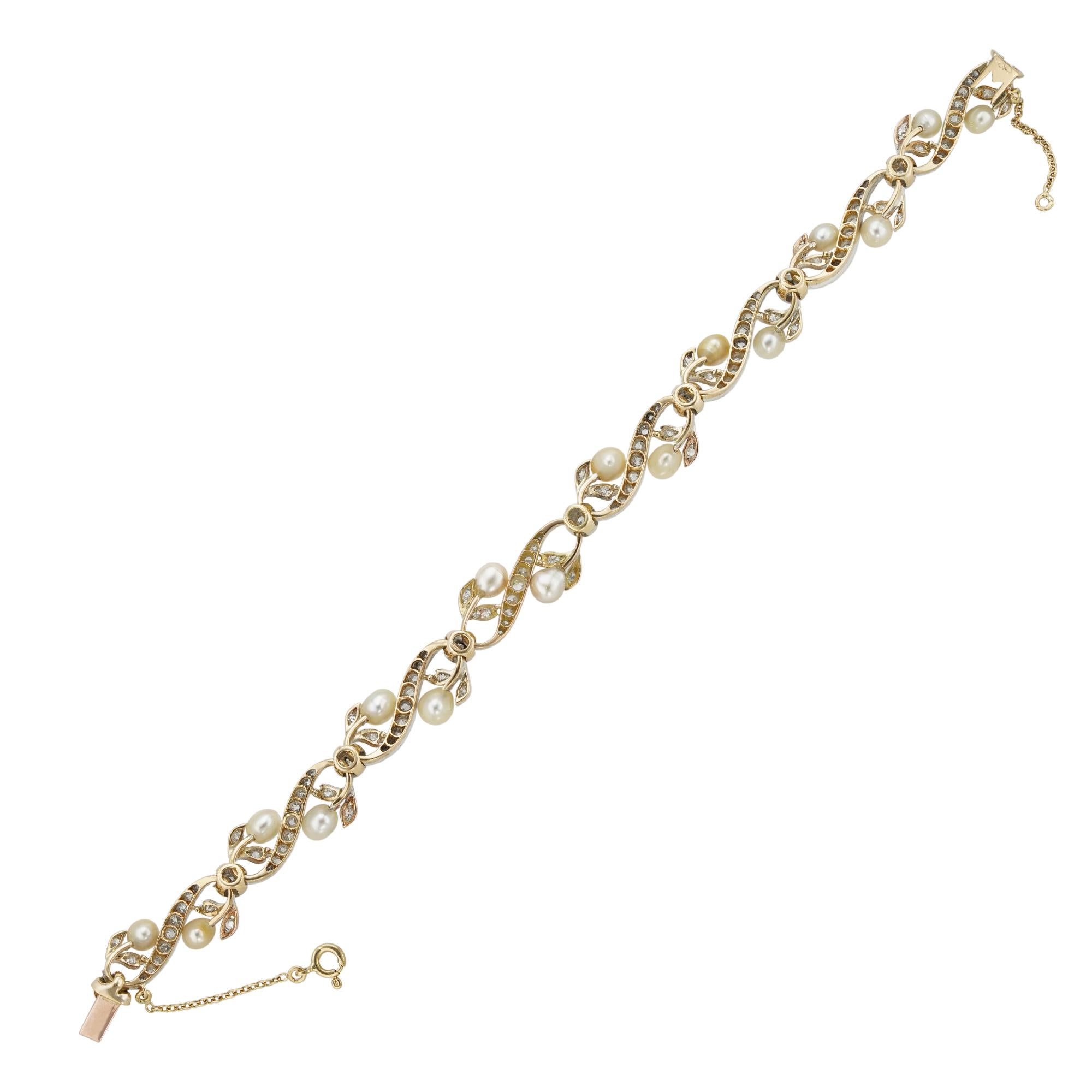 A late 19th century French natural pearl and diamond bracelet, consisting of eight S-shaped links of foliate design each link set with fifteen old mine, old European and rose-cut diamonds, and embellished with two natural pearls, accompanied by GCS