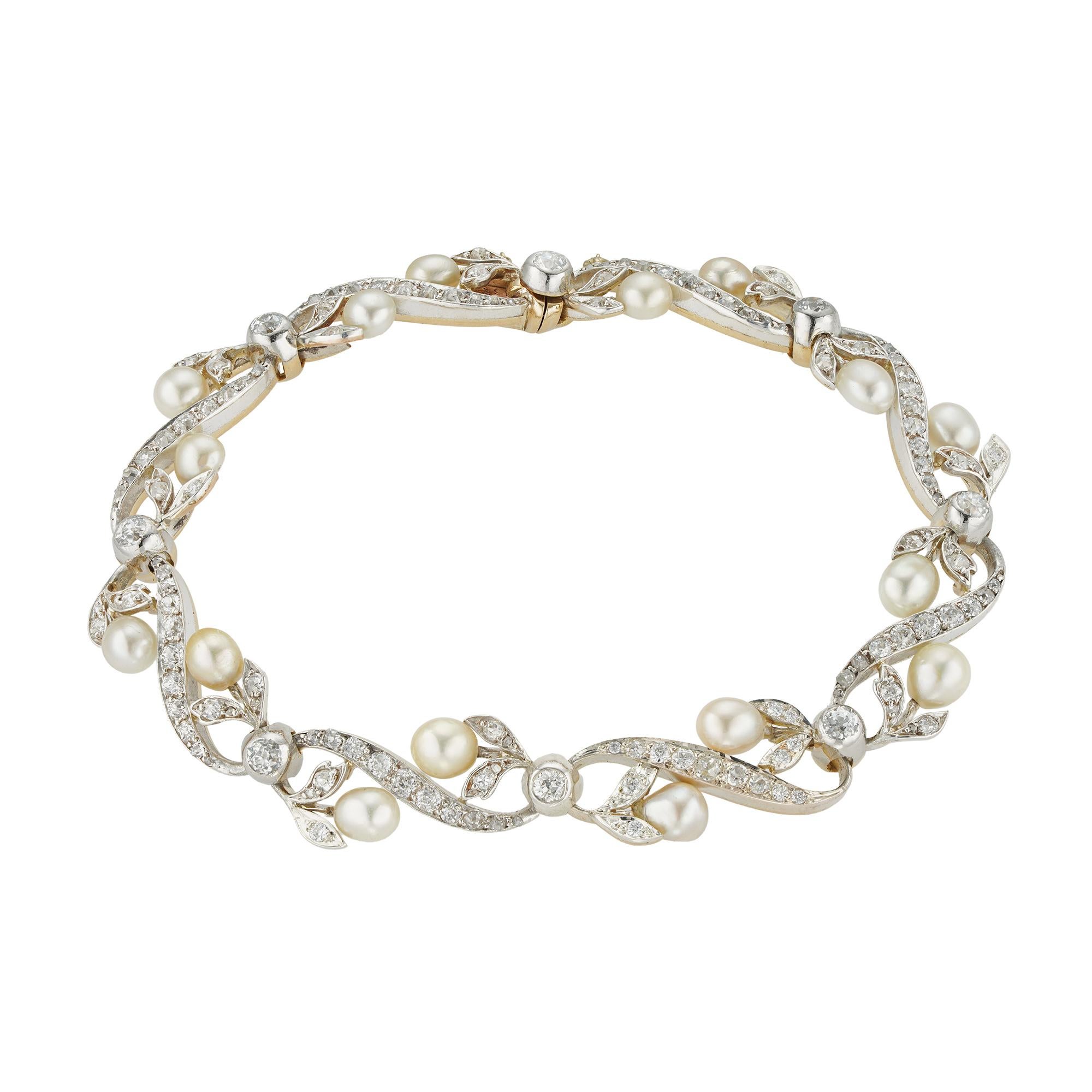 Art Nouveau An antique natural pearl and diamond bracelet For Sale