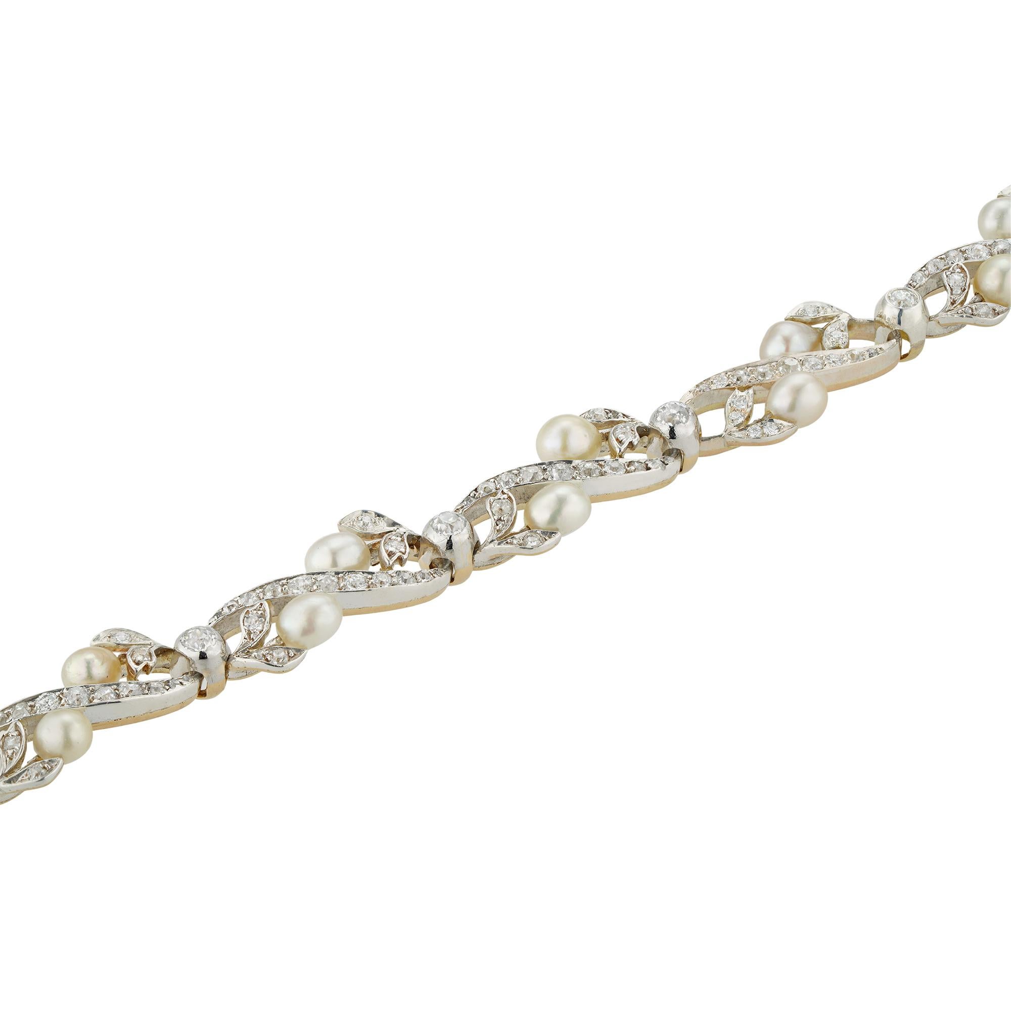 Old Mine Cut An antique natural pearl and diamond bracelet For Sale