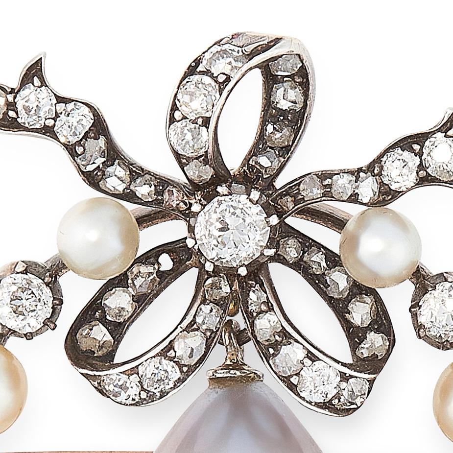 An antique natural pearl and diamond brooch pendant, set with a principal drop shaped natural pearl of 10.9mm surmounted by a diamond set ribbon and bow motif, within a halo of graduated old cut diamonds and pearls (untested). Accompanied by a