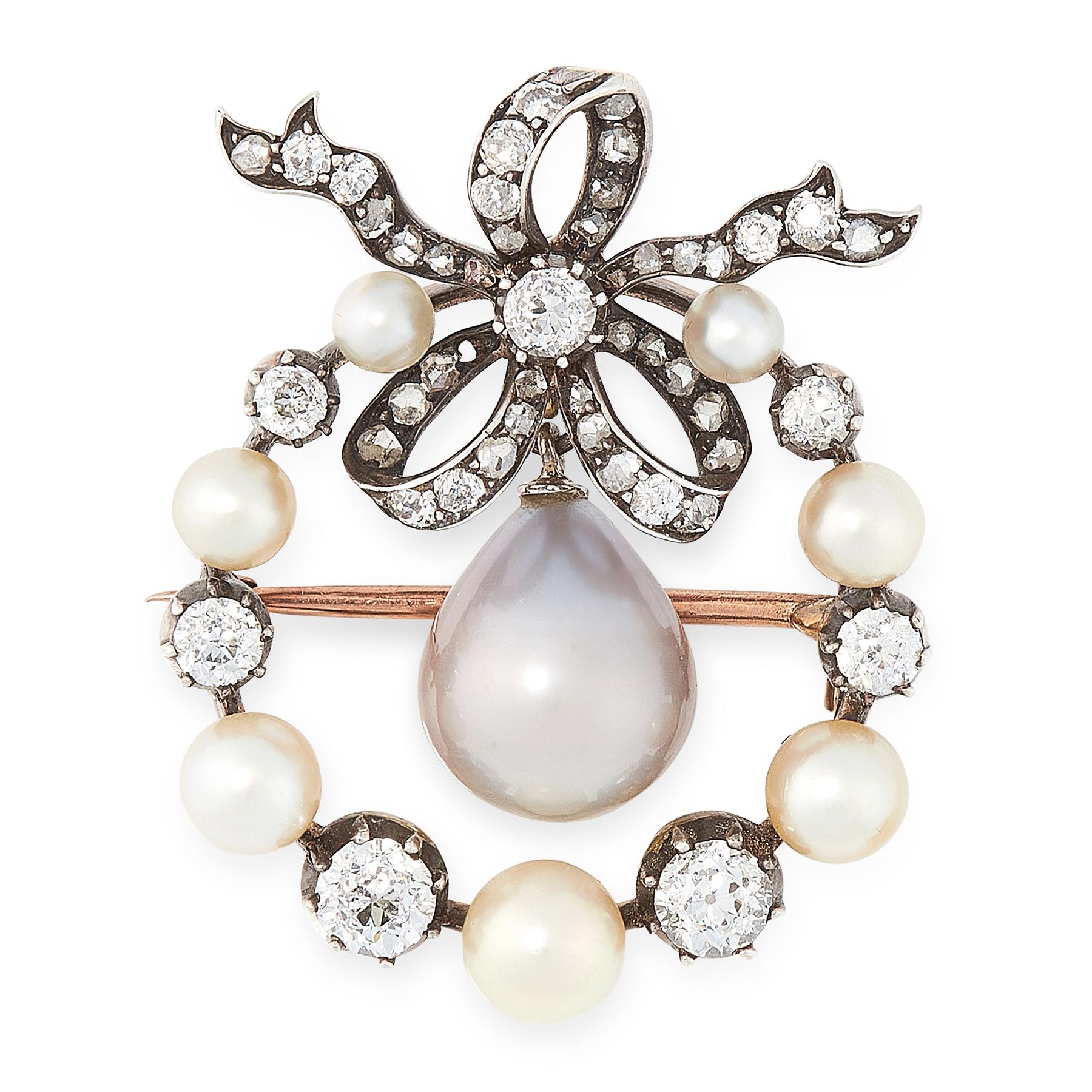 Antique Natural Pearl and Diamond Brooch Pendant In Good Condition For Sale In  London, GB