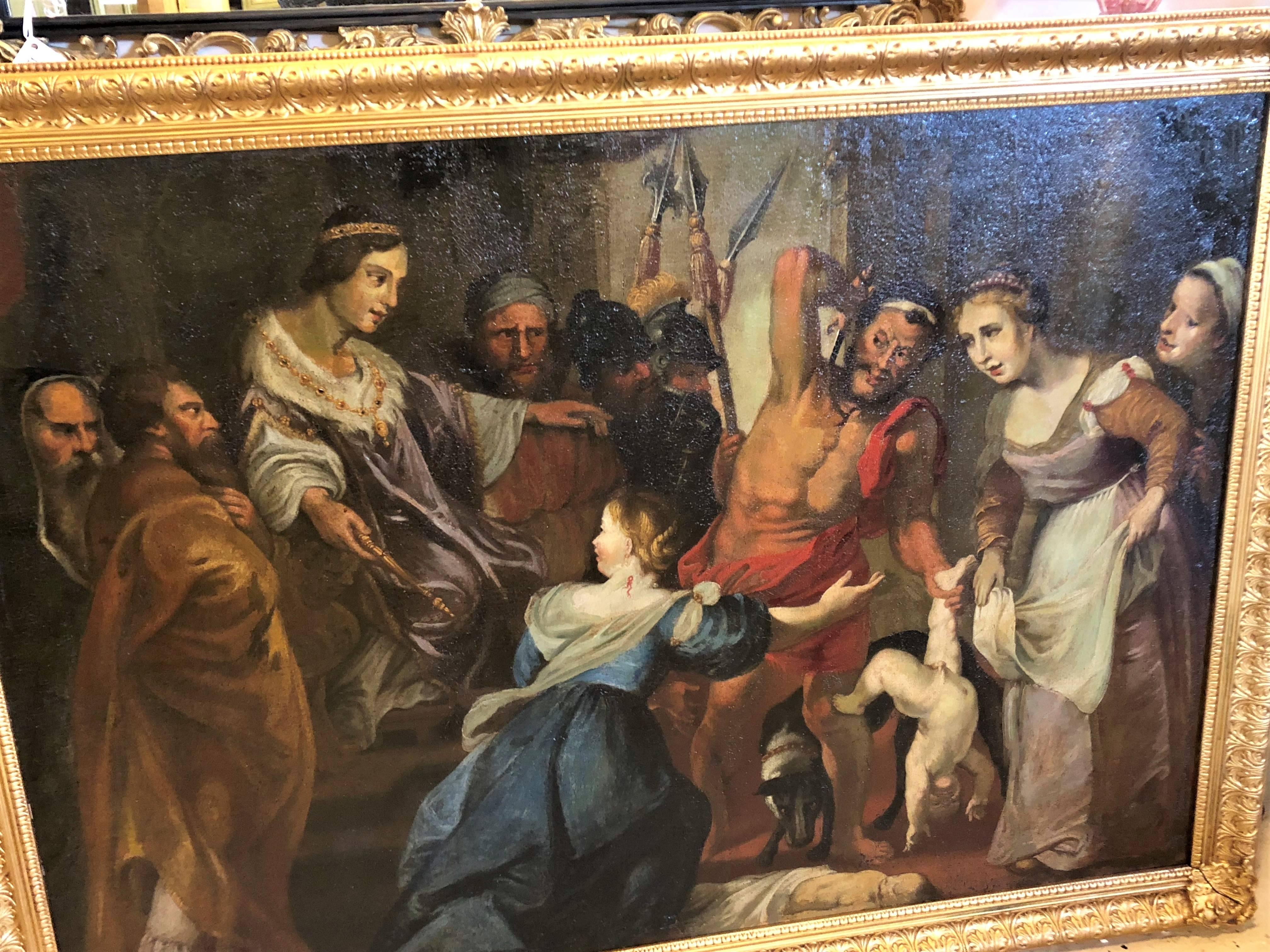 An antique oil on Masonite of King Solomons judgement in a gilt frame. This unframed work stands 38 inches high by 54 inches wide and sits in a fine custom gilt wood and gesso frame. A copy of the Old Masters telling the age old story of the Mothers