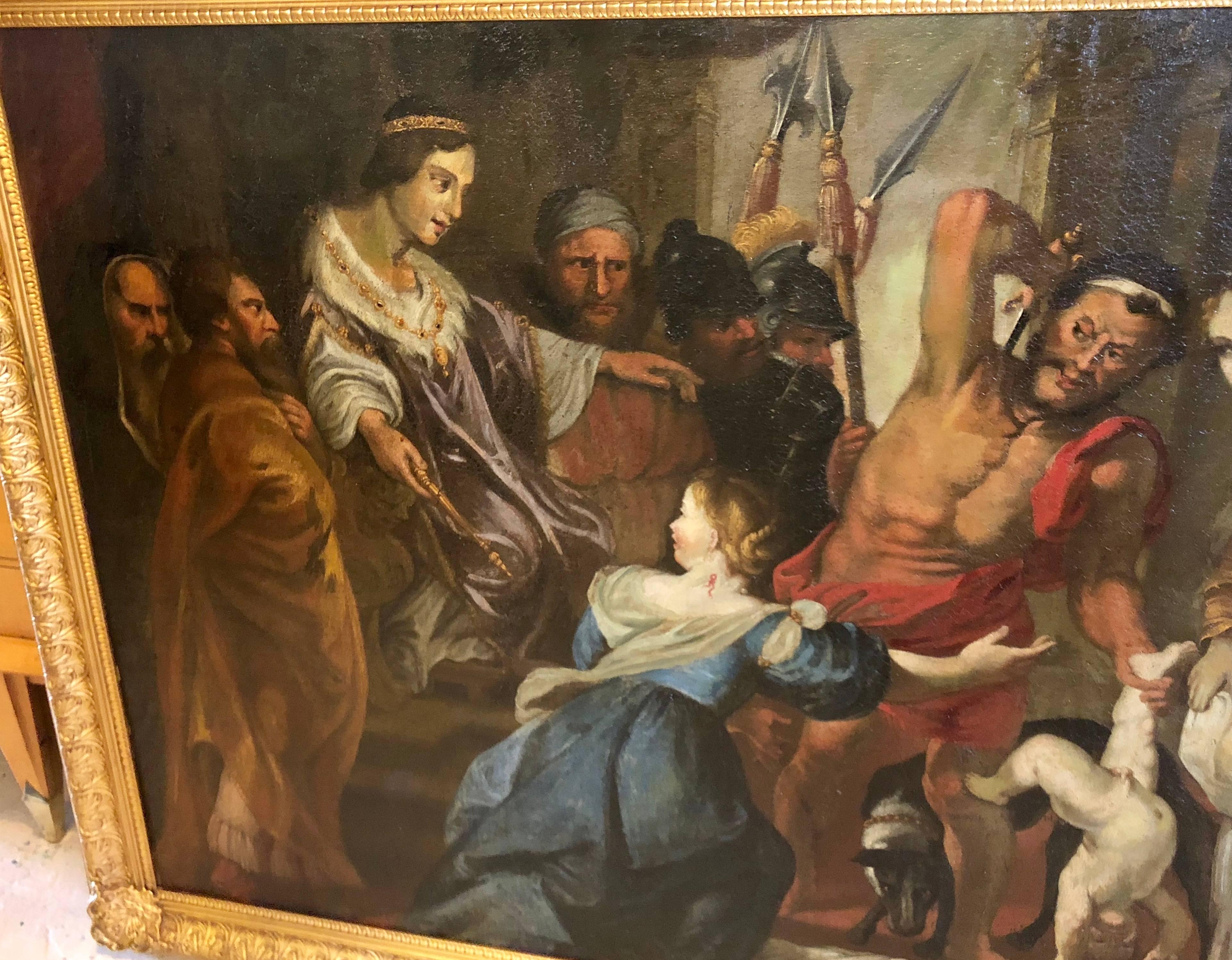 Beaux Arts Antique Oil on Masonite of King Solomons Judgement in a Gilt Frame