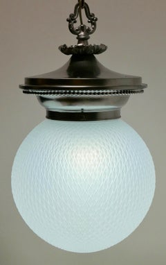 Antique Opaline Glass Globe and Cast Metal Hanging Pendant