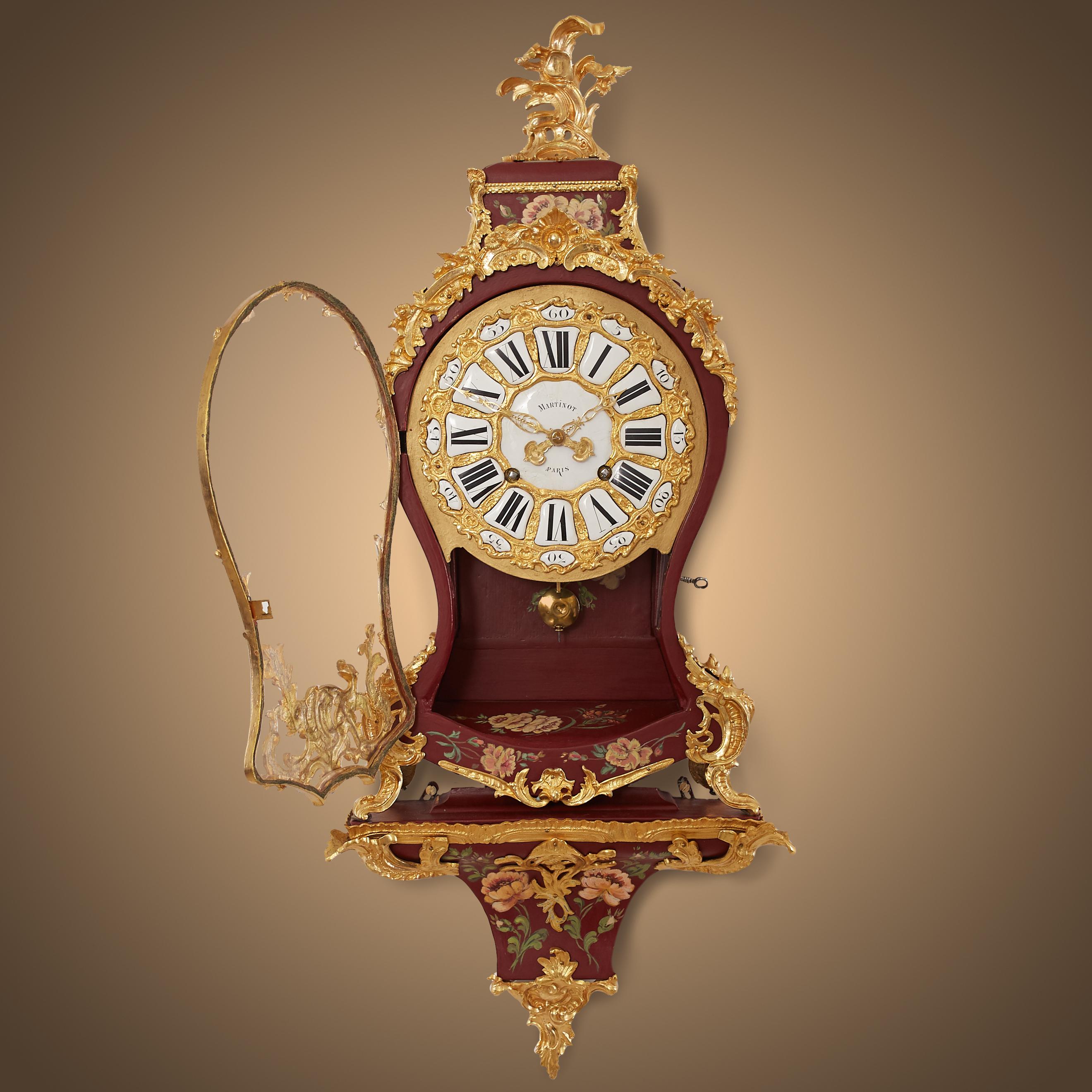 This ravishing antique cartel clock is in the Rococo style that prevailed during the reign of Louis XV. Crafted with great ingenuity and intense creativity from Balthazar Martinot (1636-1714), the clock carries a royal breath. 
The antique French