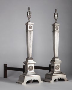 Silverplate Neoclassical Andirons with Fluted Columns and Urn Finials, c. 1910s