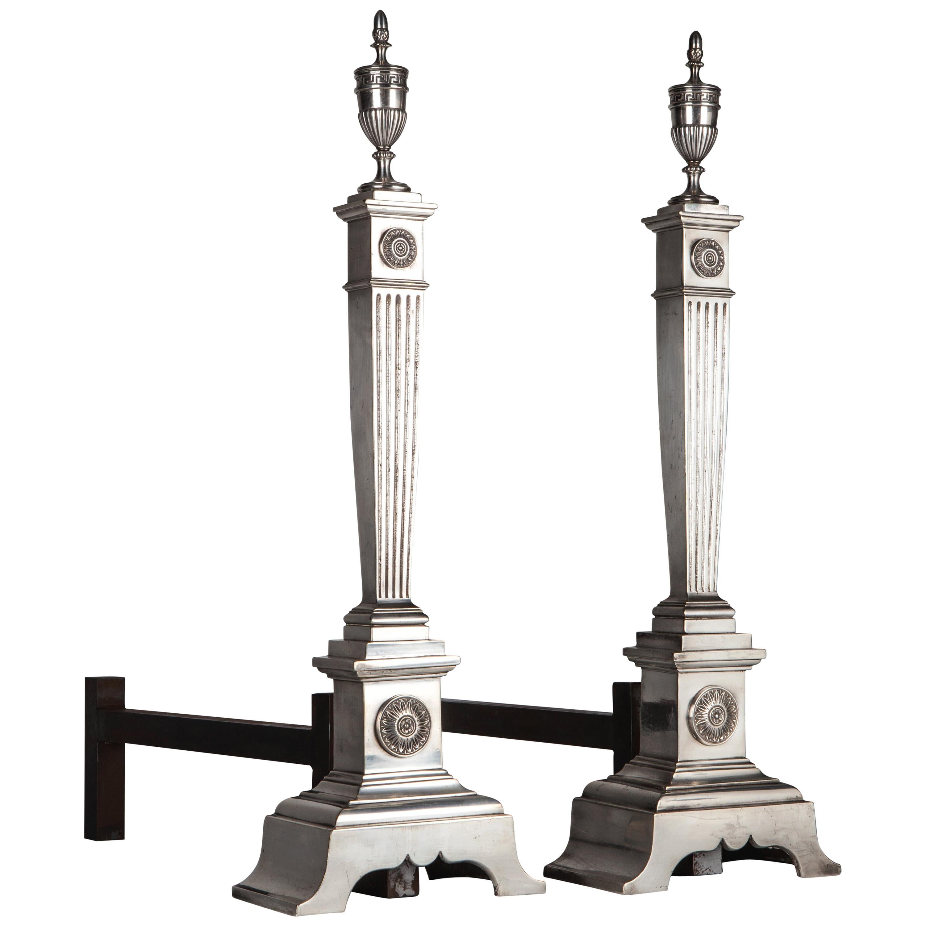 Silverplate Neoclassical Andirons with Fluted Columns and Urn Finials, c. 1910s For Sale