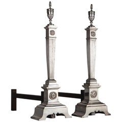 Antique Silverplate Neoclassical Andirons with Fluted Columns and Urn Finials, c. 1910s