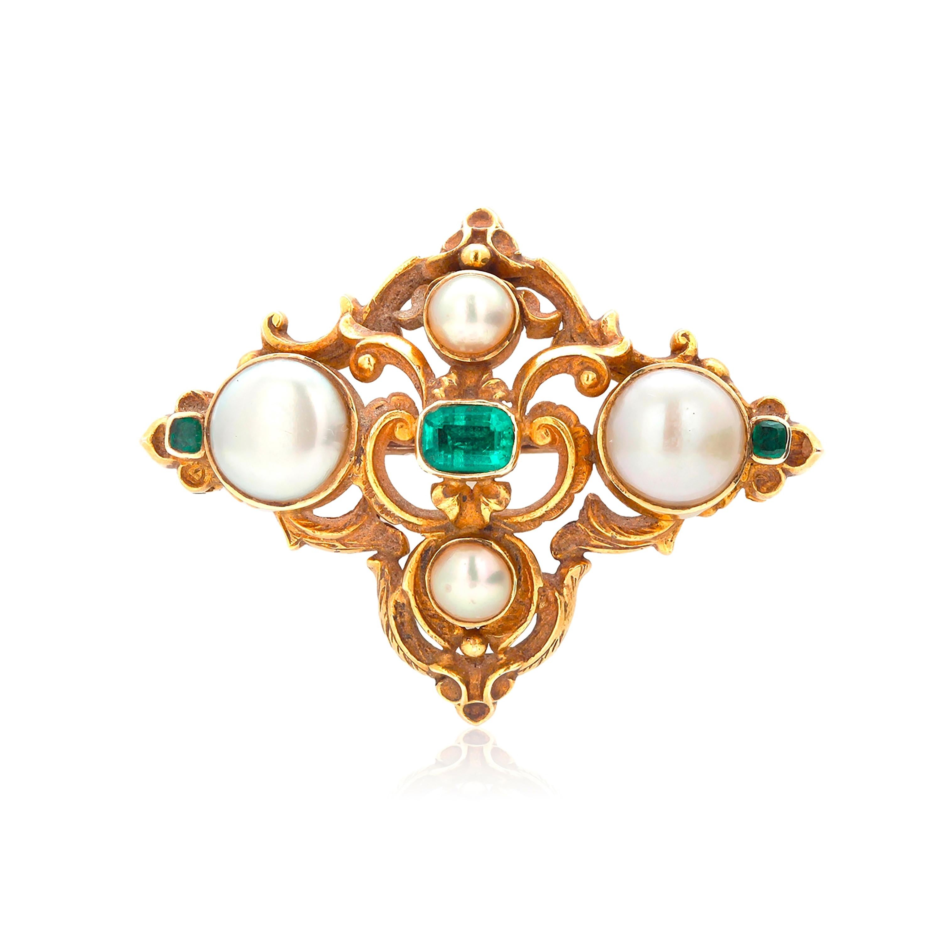 Old Mine Cut Antique Pearl and Old Mine Emerald Brooch Late 19 Century