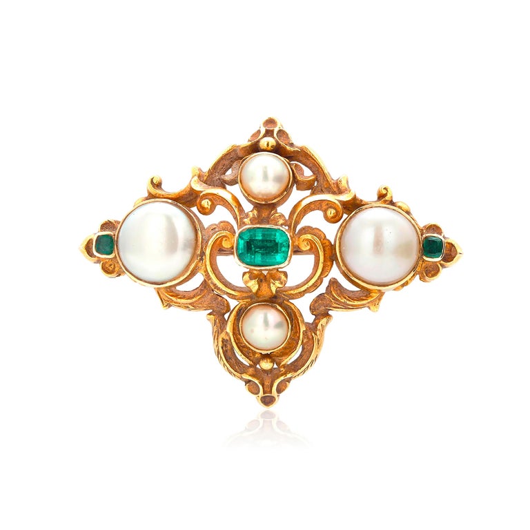 Romantic Antique Pearl and Old Mine Emerald Brooch Late 19 Century For Sale