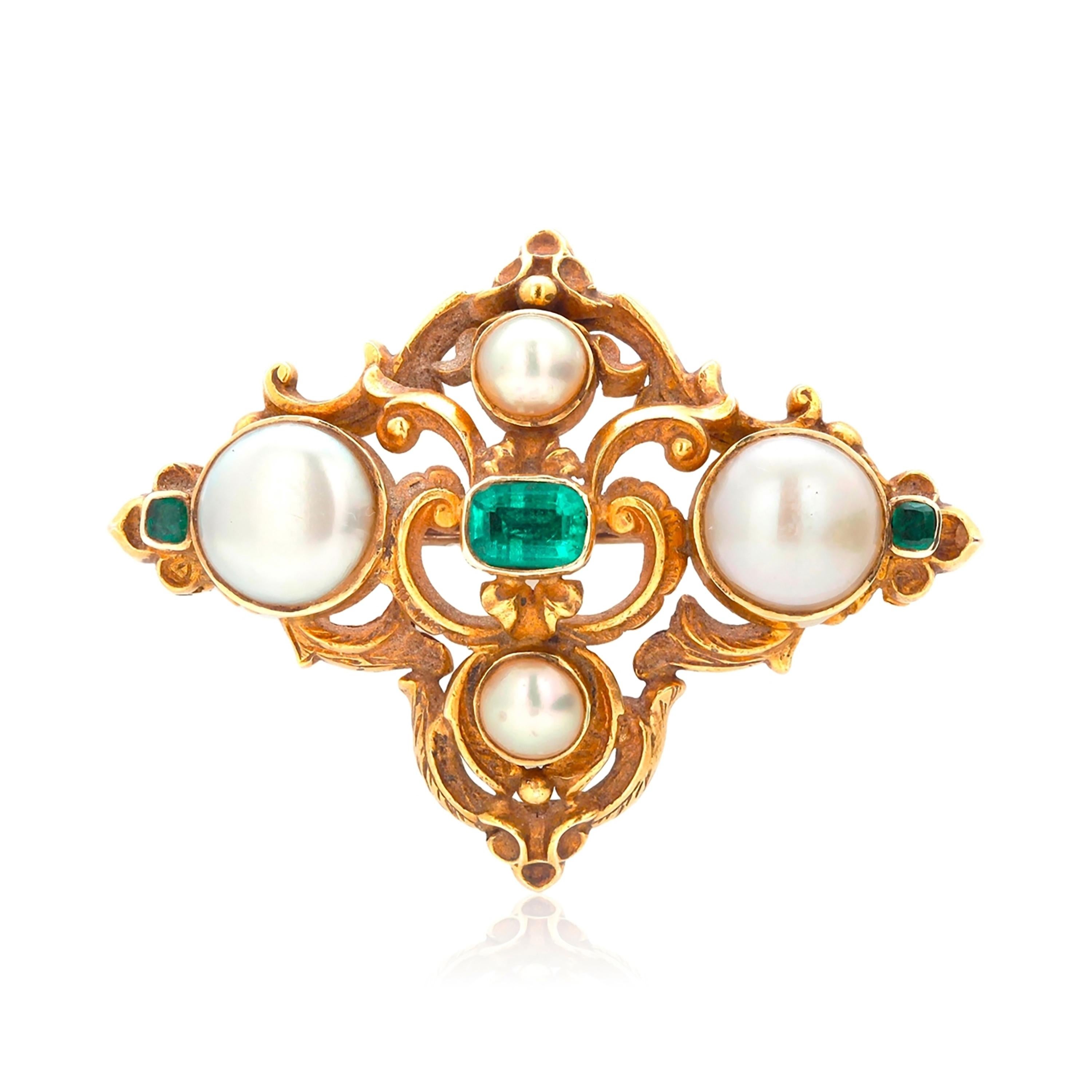 Women's or Men's Antique Pearl and Old Mine Emerald Brooch Late 19 Century