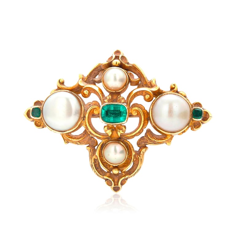 Old Mine Cut Antique Pearl and Old Mine Emerald Brooch Late 19 Century For Sale