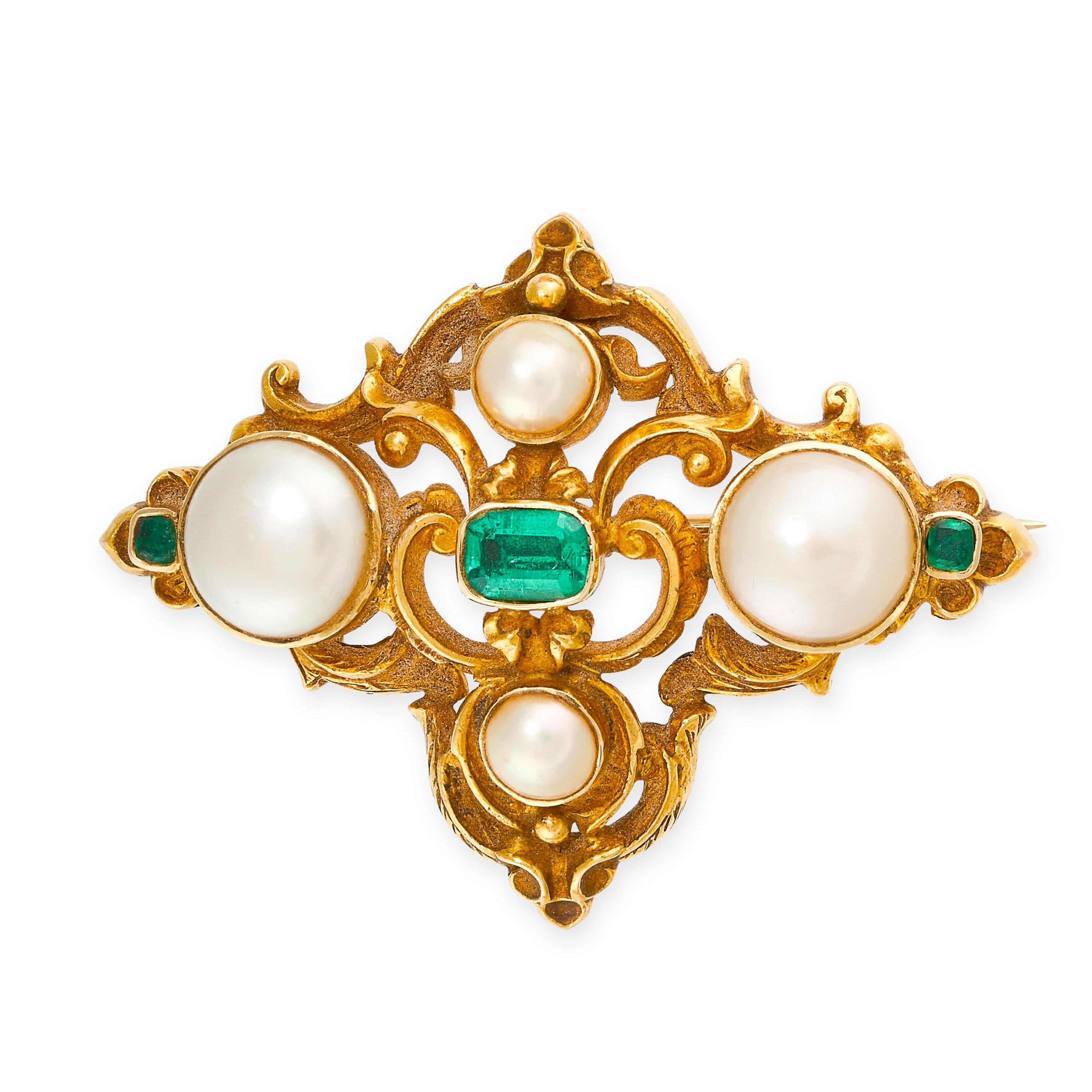Antique Pearl and Old Mine Emerald Brooch Late 19 Century 2