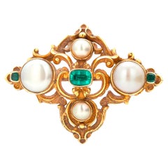 Antique Pearl and Old Mine Emerald Brooch Late 19 Century