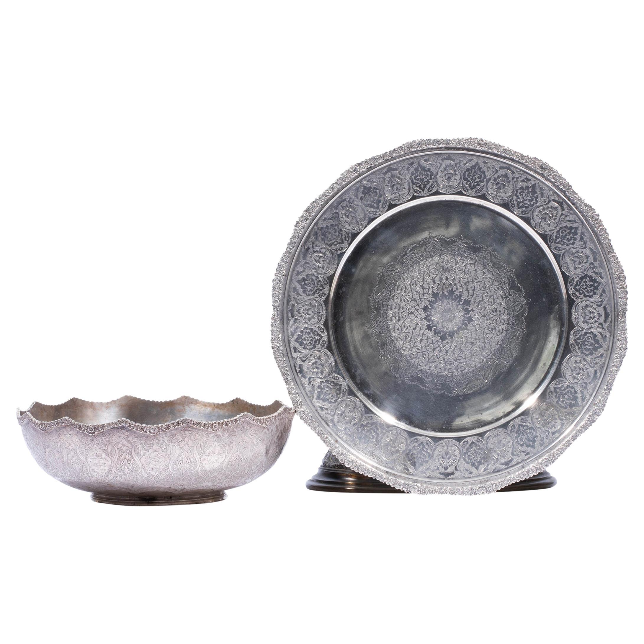 An Antique Persian Isfahan .84 Silver Fruit Bowl and Plate  For Sale