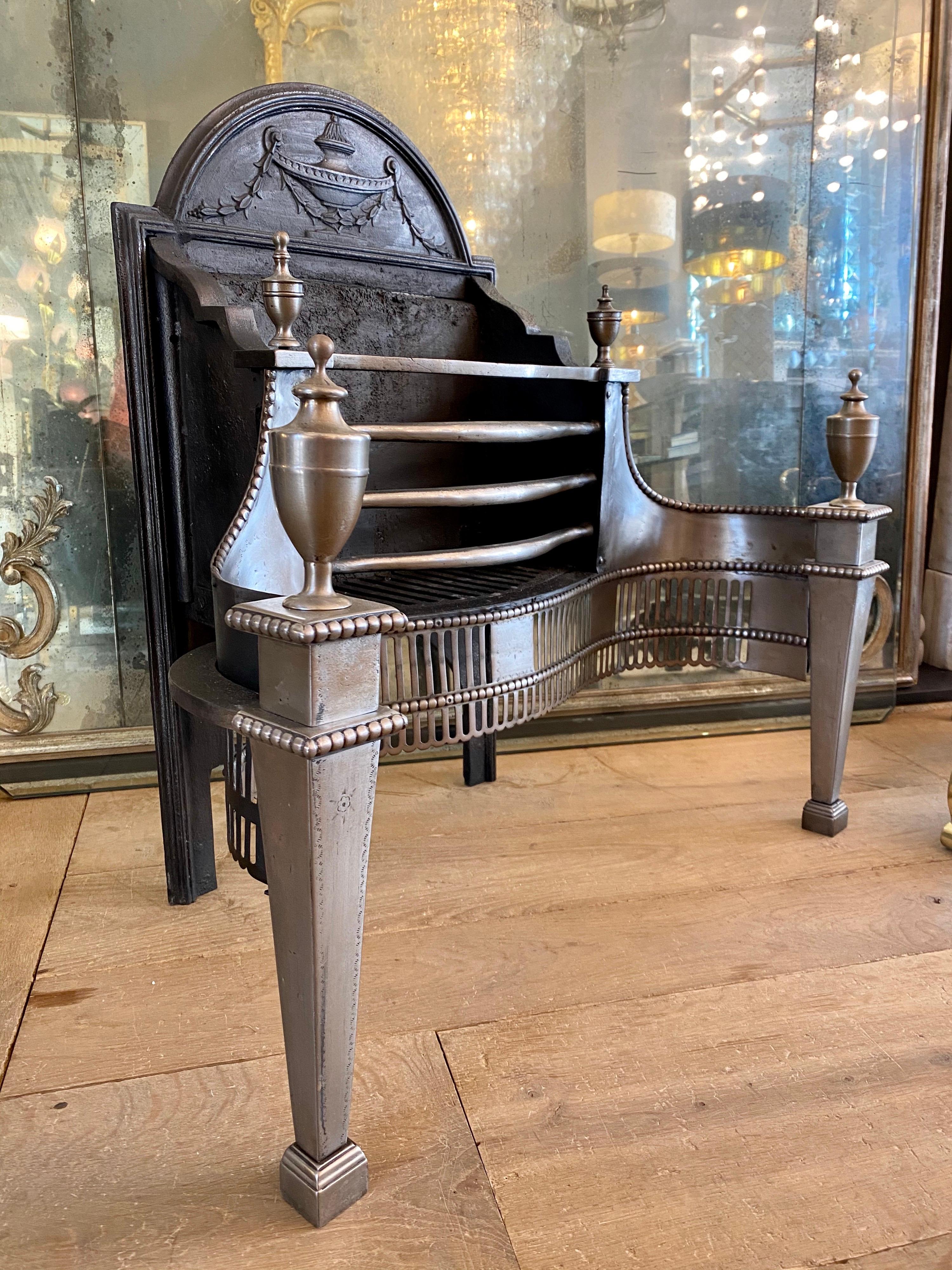 English Antique Polished Steel Fire Grate by Thomas Elsley London For Sale