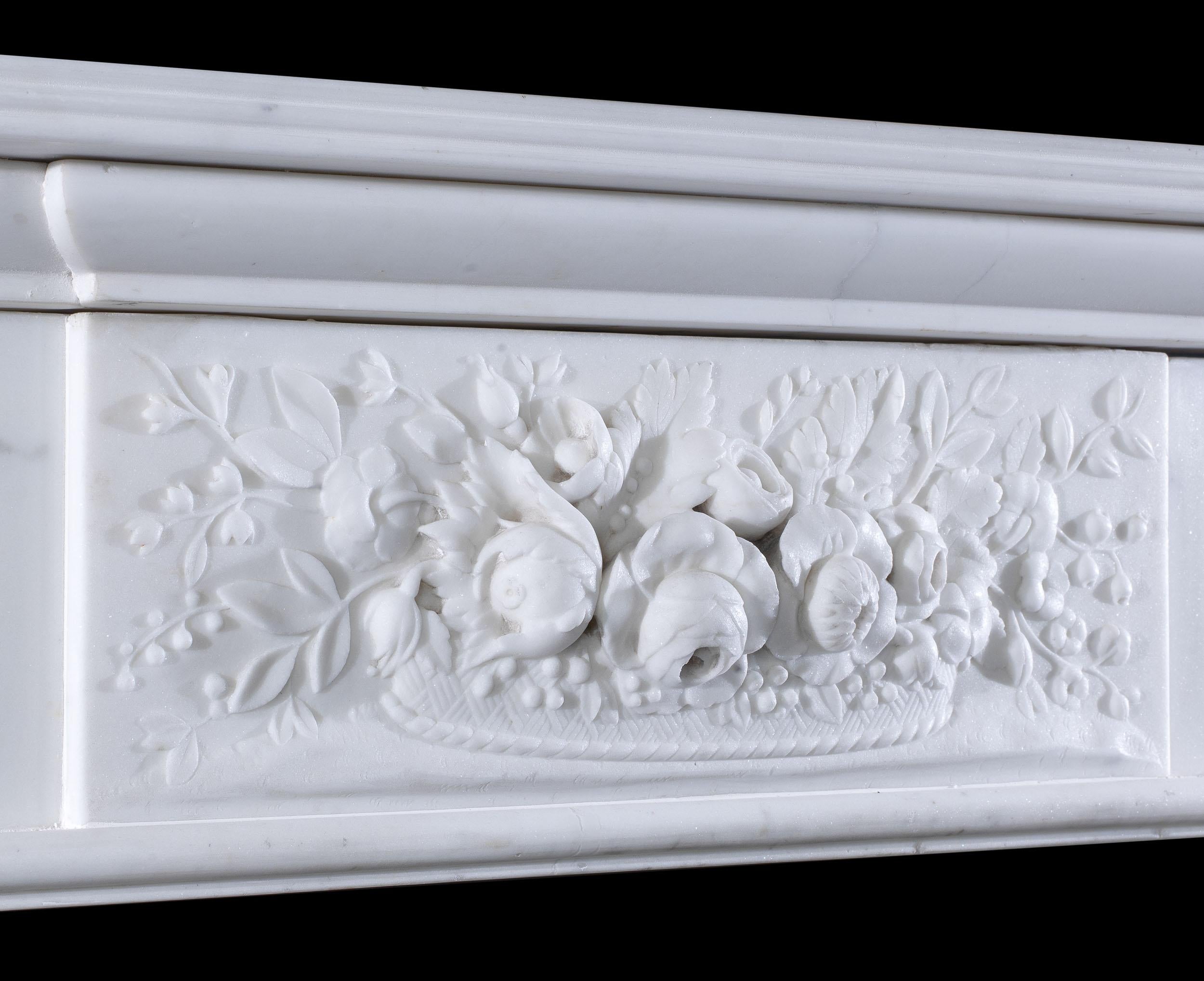 English Antique Regency Floral White Marble Fireplace