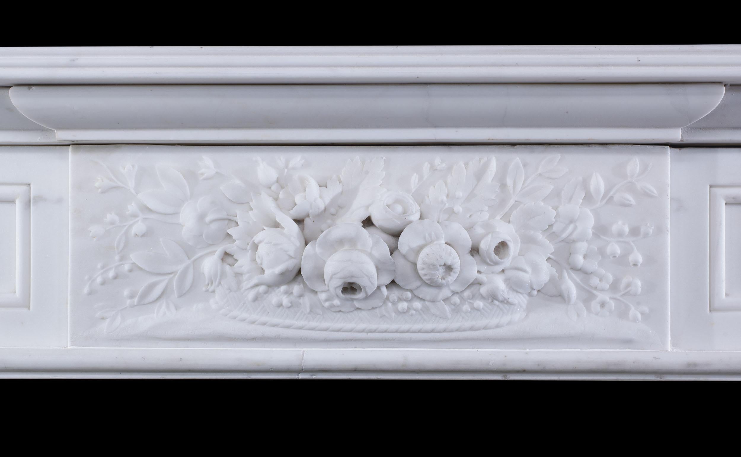 Hand-Carved Antique Regency Floral White Marble Fireplace